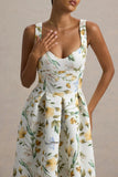 Rosemary Floral Print Sweetheart Midi Dress With Drop Waist
