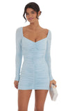 Ruched Long Sleeve Bodycon Dress in Light Blue
