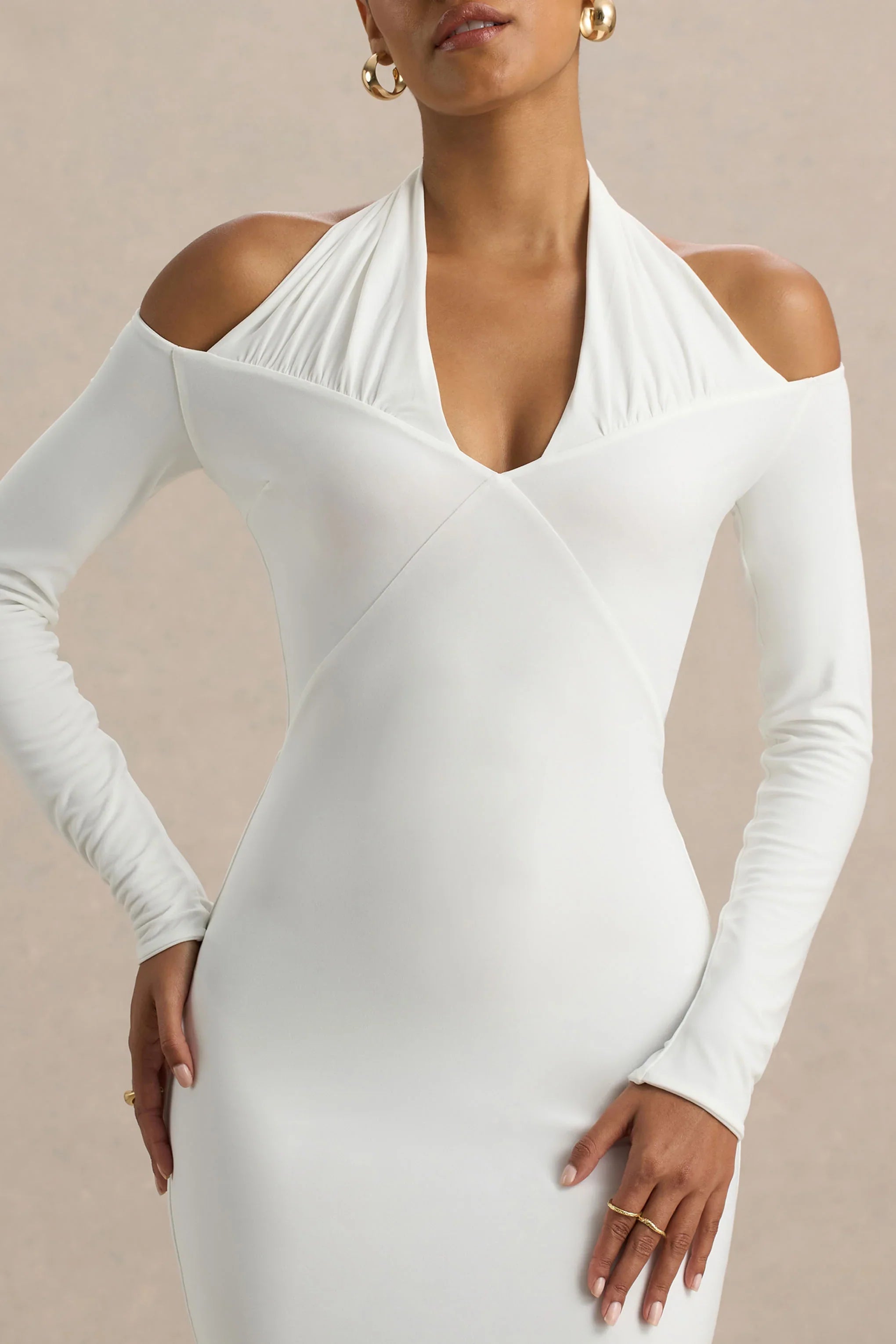 Living High White Halter Neck Maxi Dress With Long Sleeves