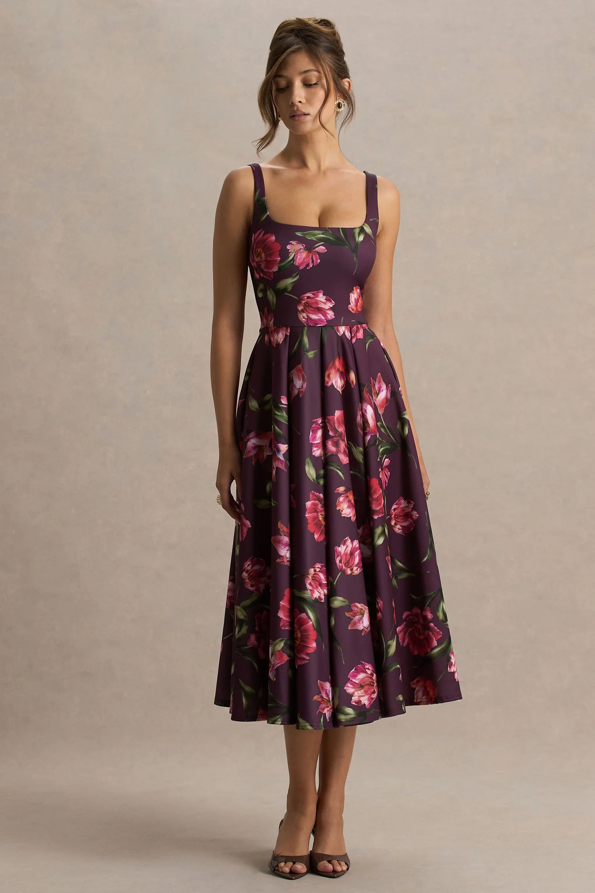 Berta Burgundy Floral Print Square Neck Midi Dress