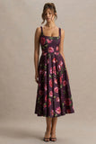 Berta Burgundy Floral Print Square Neck Midi Dress