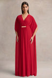 Romilly Red Plunge Neck Maxi Dress With Gathered Detail
