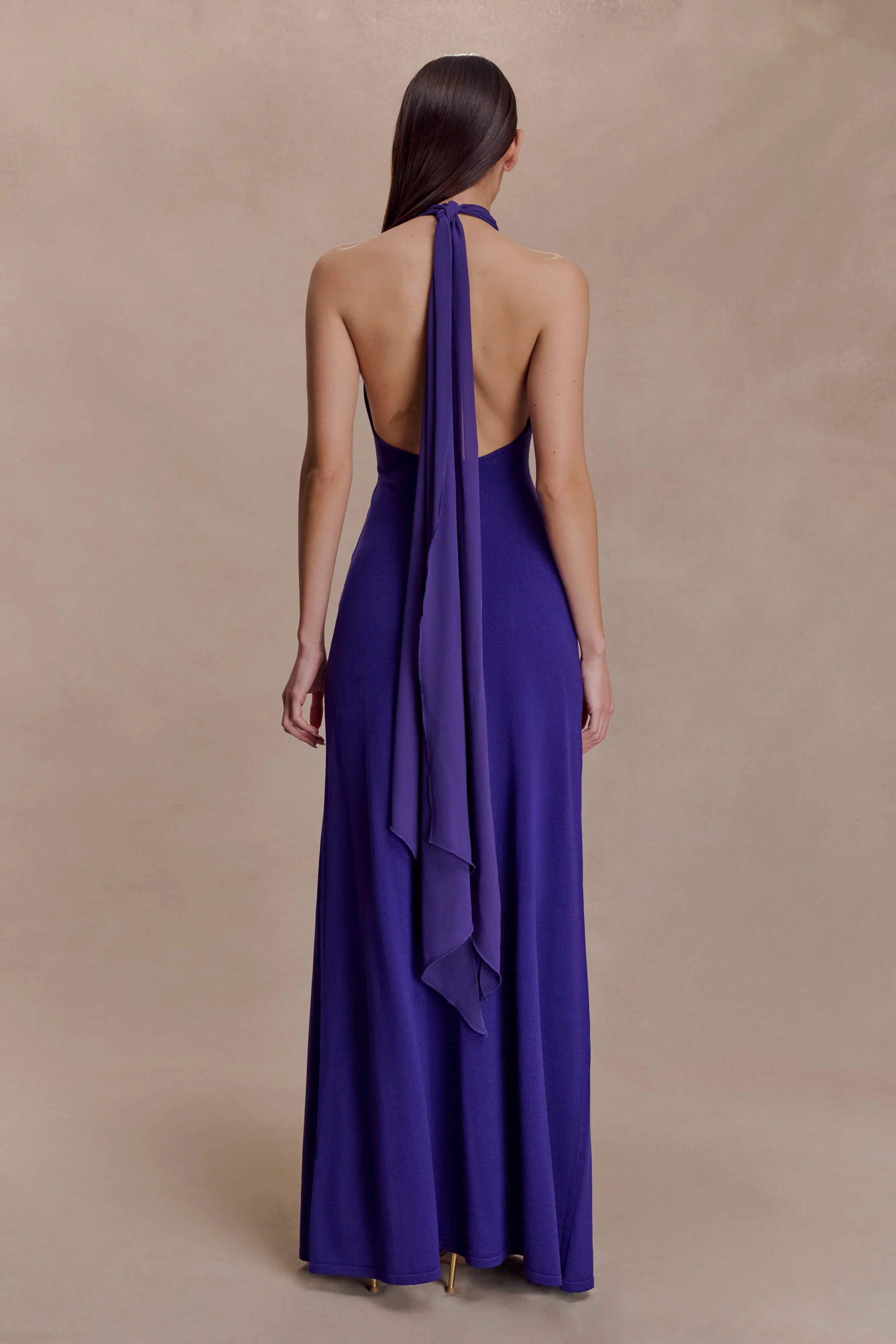 Ozias Halter Semi Sheer Knit Maxi Dress Deep Purple