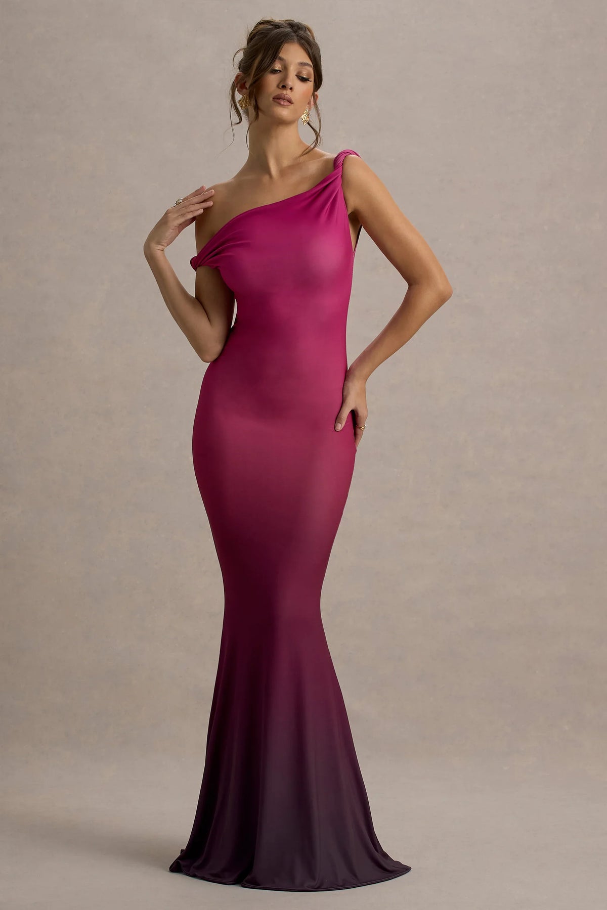 Exotic Berry Ombre Twisted Asymmetric Maxi Dress