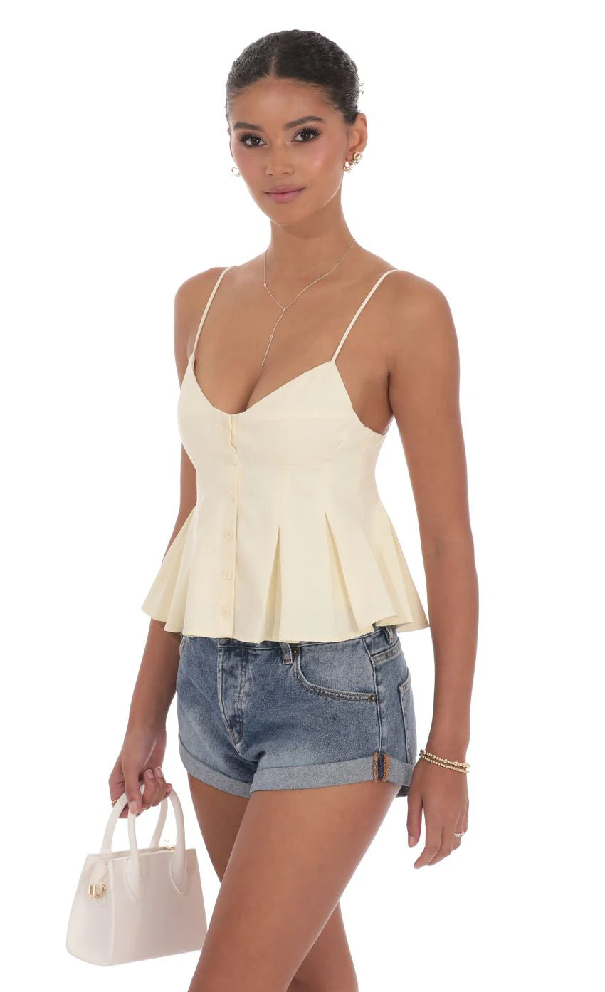 Pinstripe Pleated Flare Top in Pastel Yellow