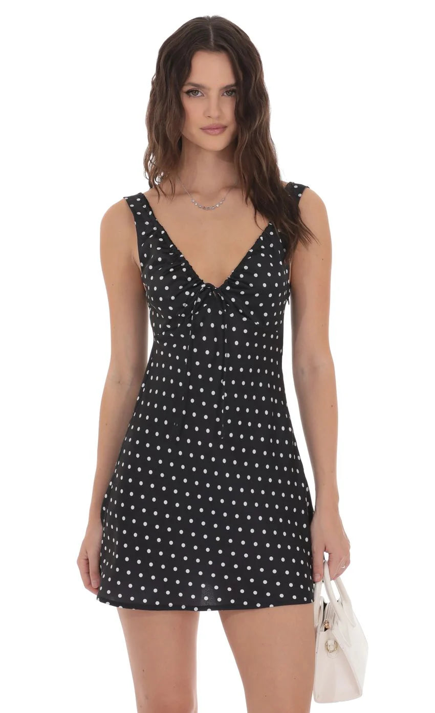 Satin Polka Dot V Neck Dress in Black
