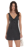 Satin Polka Dot V Neck Dress in Black