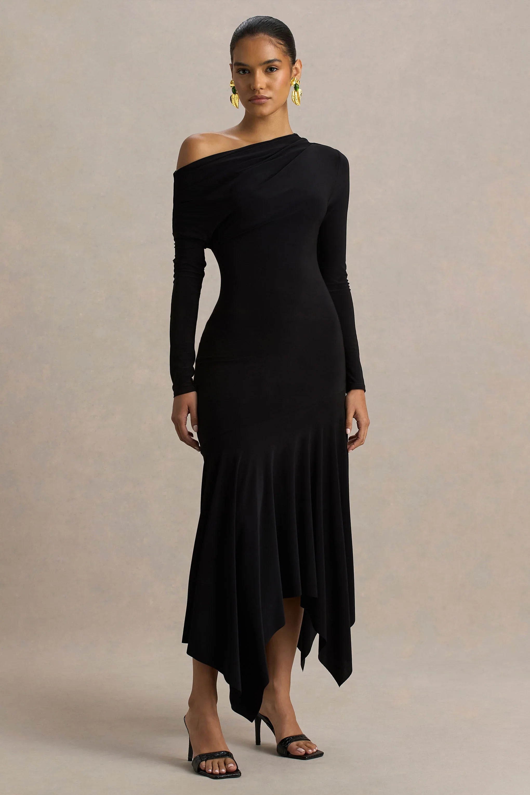 Isola Black Asymmetric Neck Midi Dress With Hanky Hem