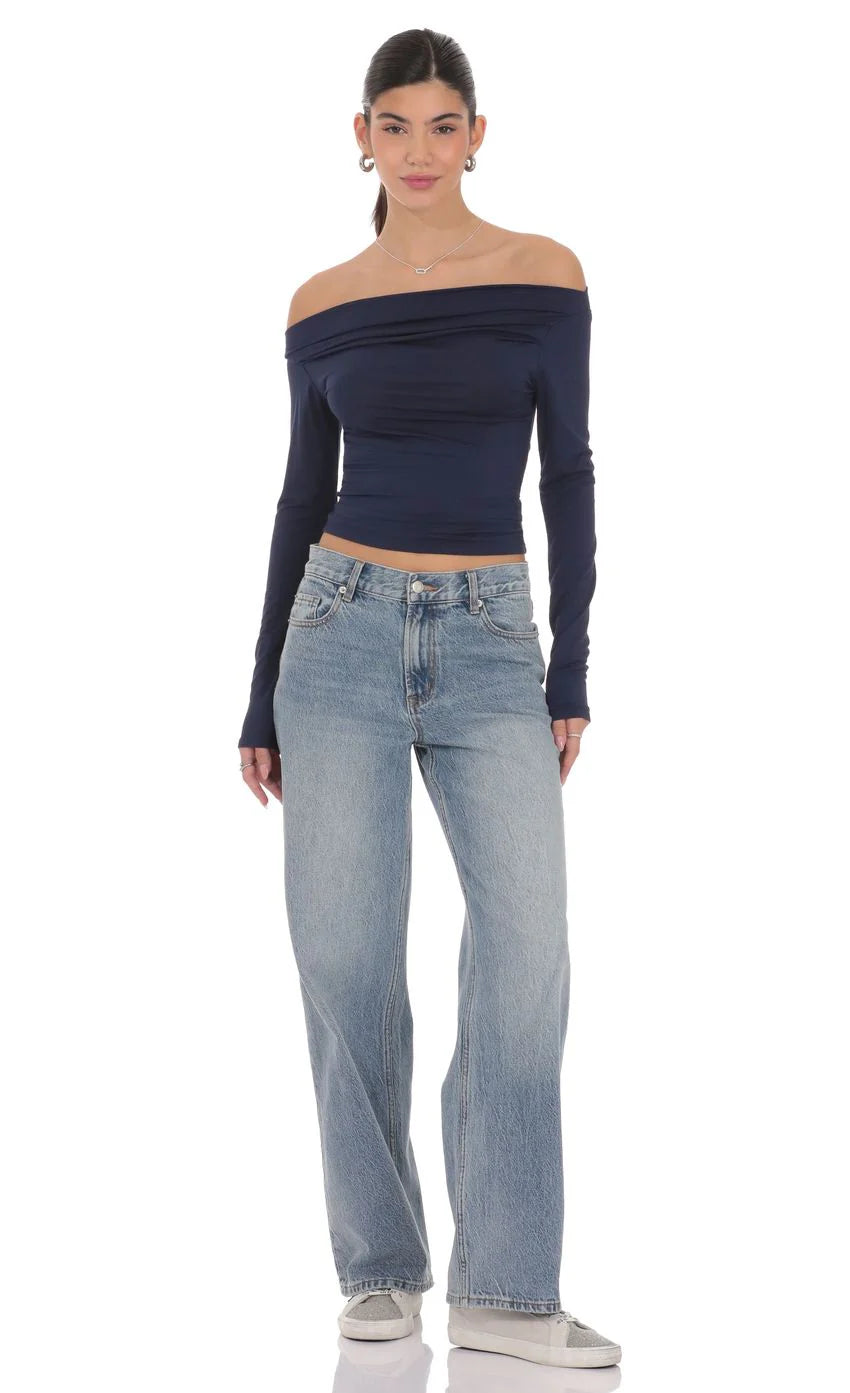 Ruched Off Shoulder Top in Navy