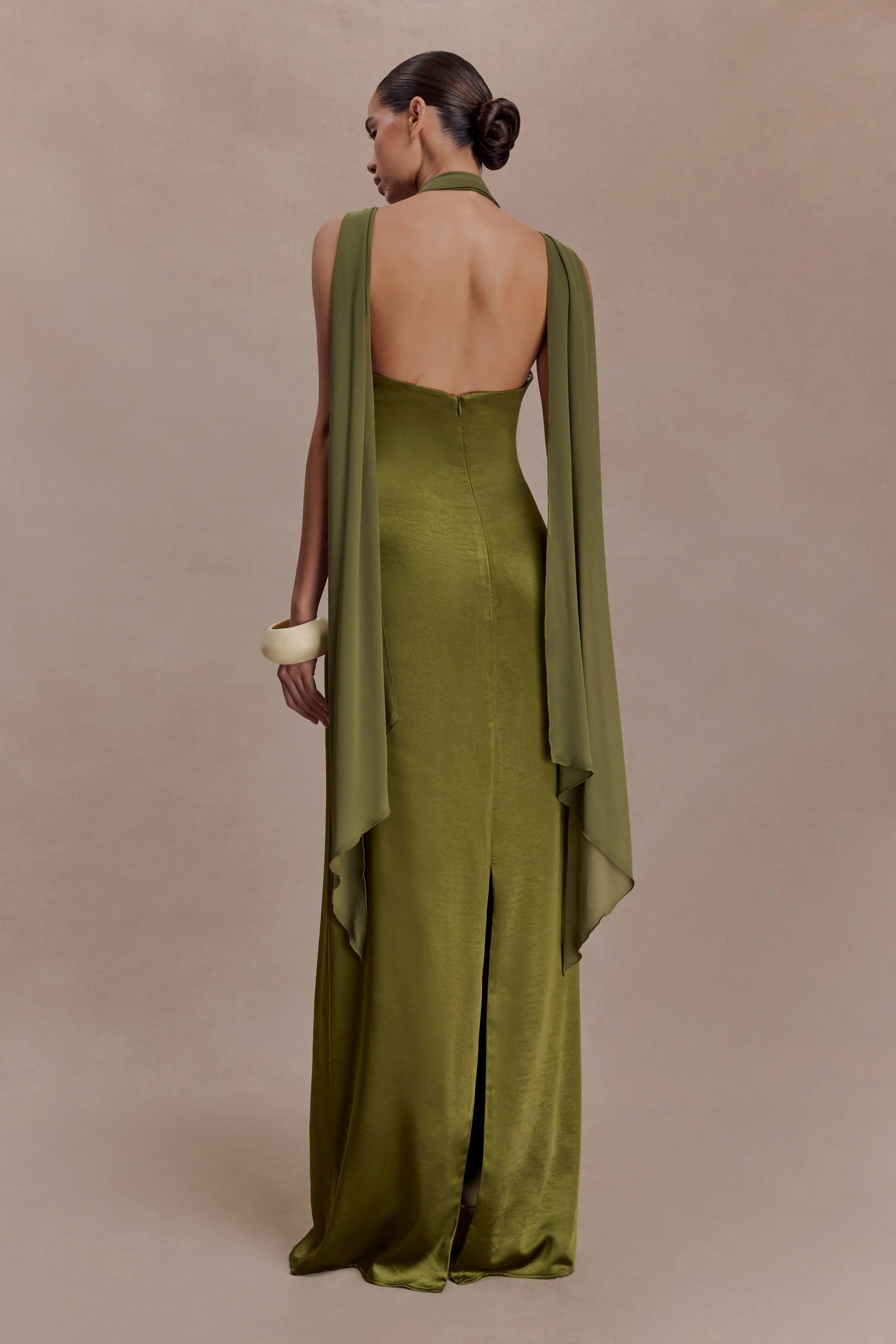 Myla Draped Shoulders Satin Maxi Dress Khaki
