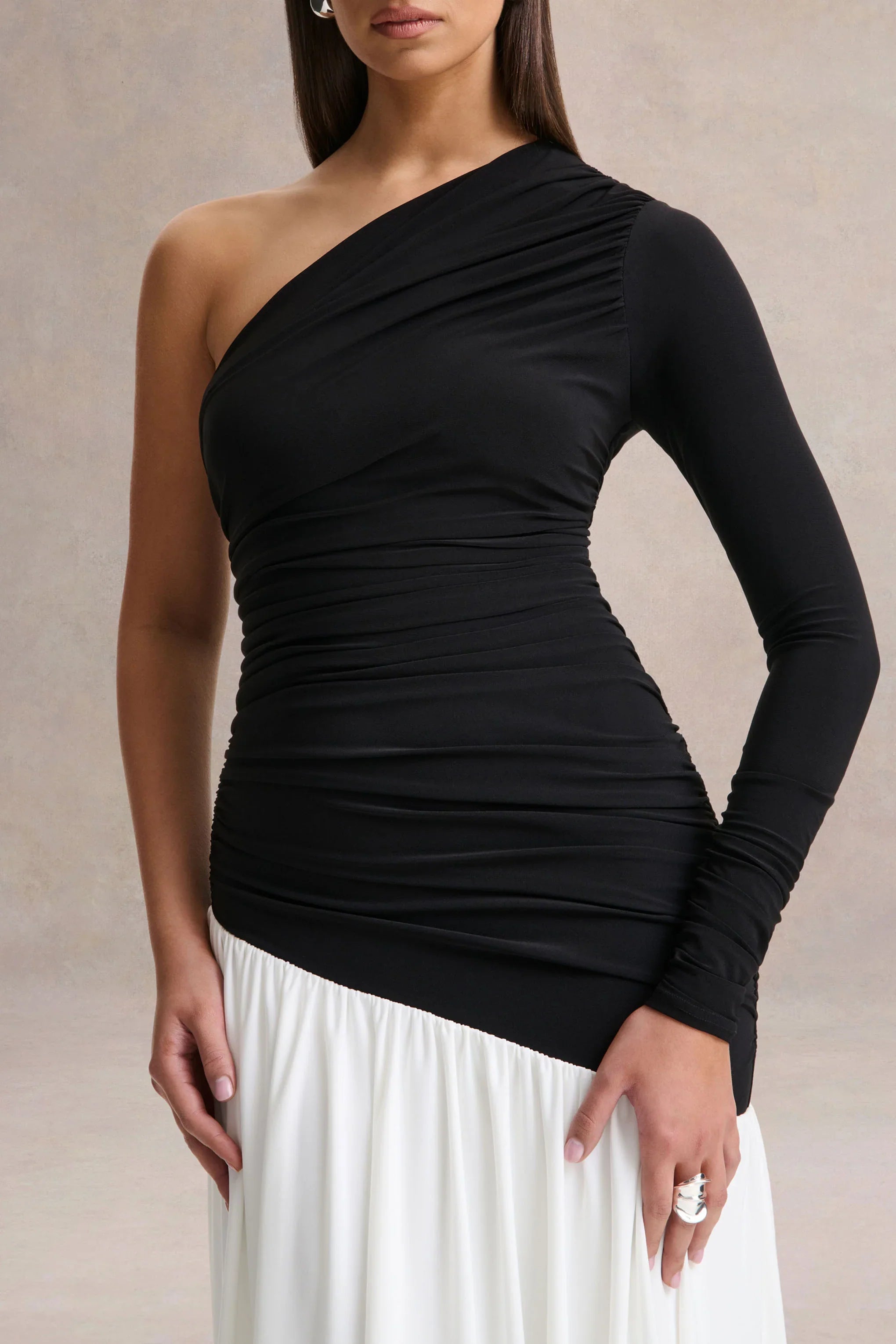 Danila Black And White Asymmetric Neck Maxi Dress With Drop Waist