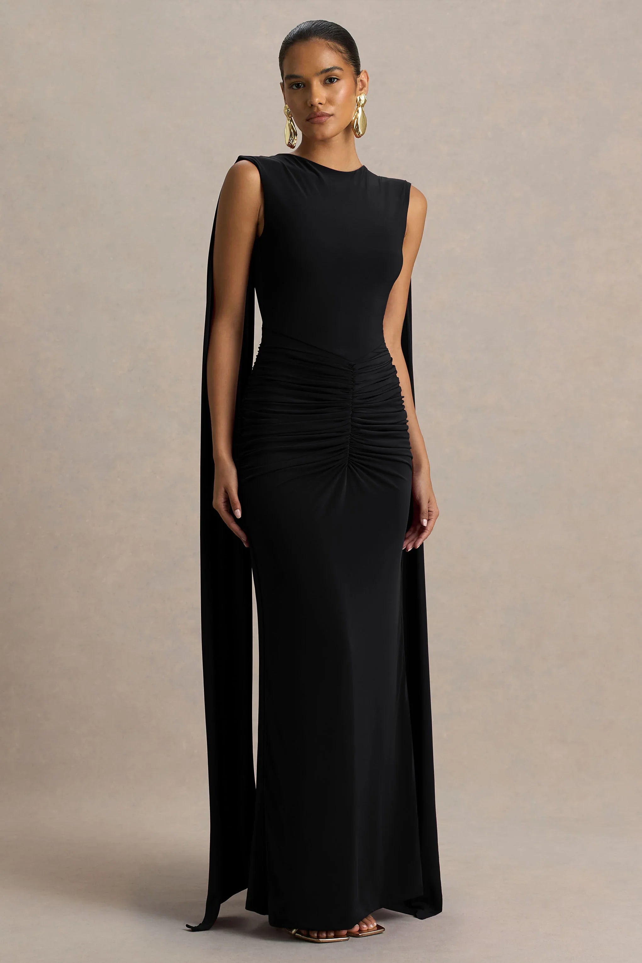 Premiere Black Boat Neck Maxi Dress With Open Back And Cape Sleeves