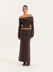 Chocolate Knitted Bardot Long Sleeved Top