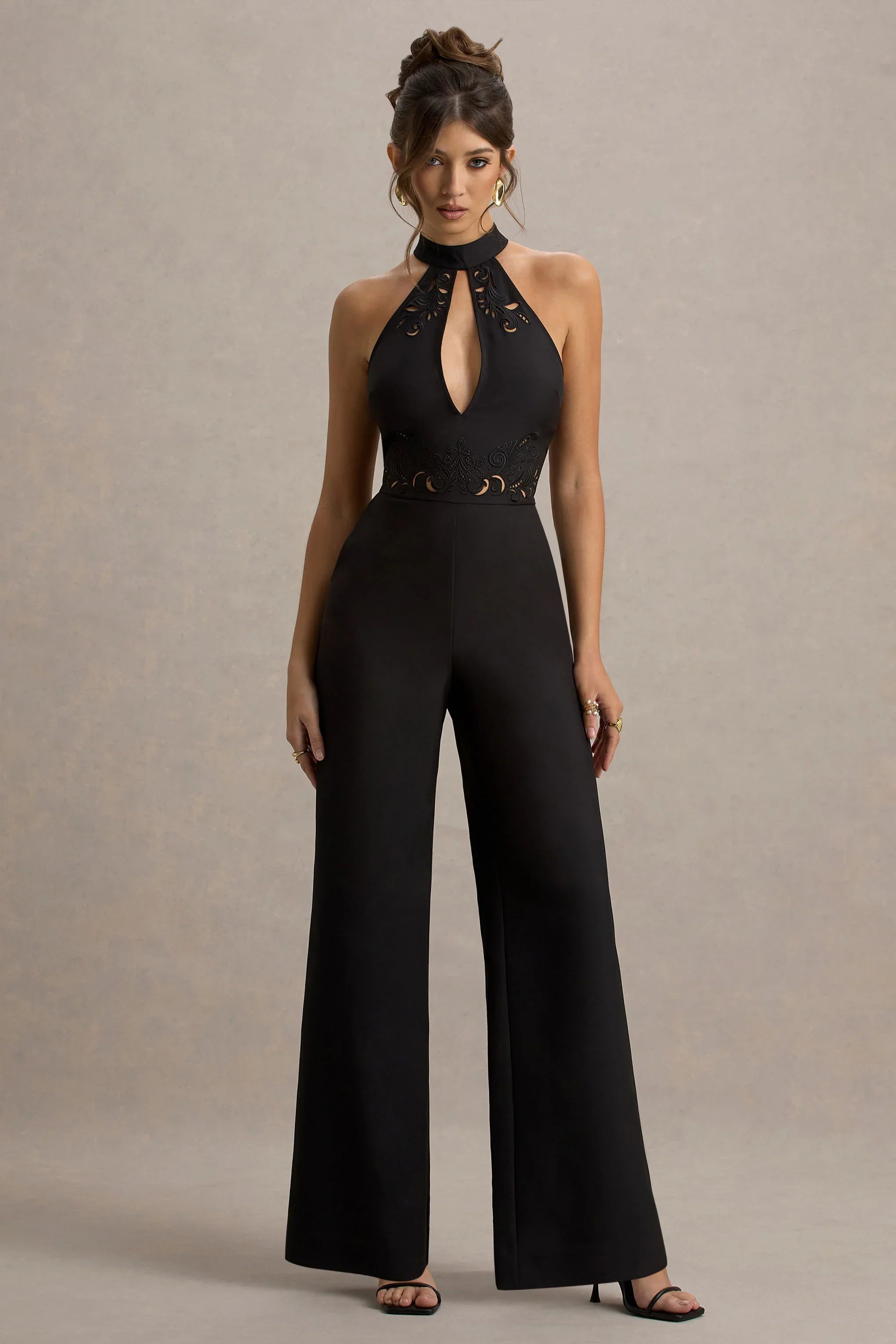 Kami Black High Neck Embroidered Jumpsuit
