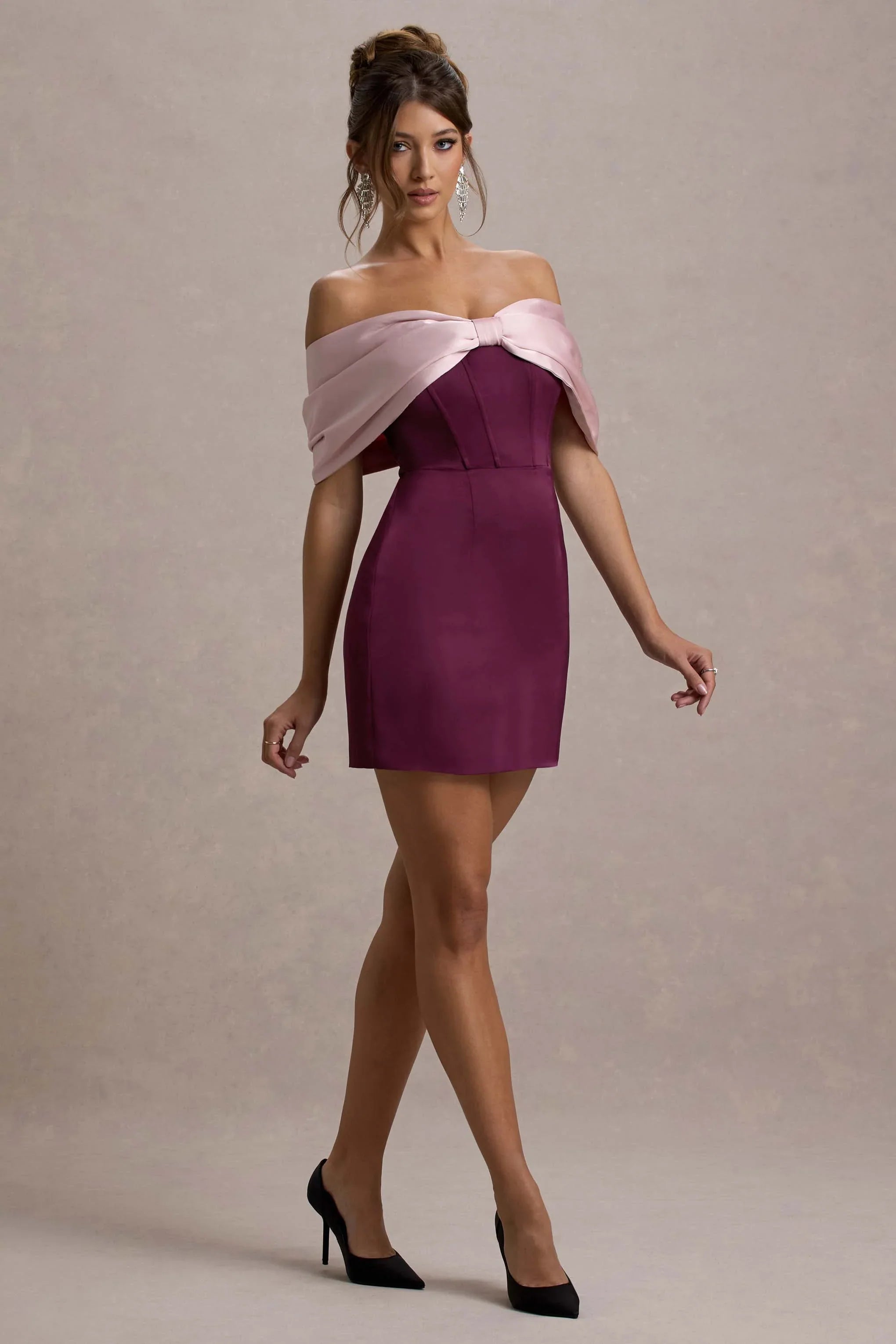 Linley Burgundy Pink Satin Bow Bardot Mini Dress
