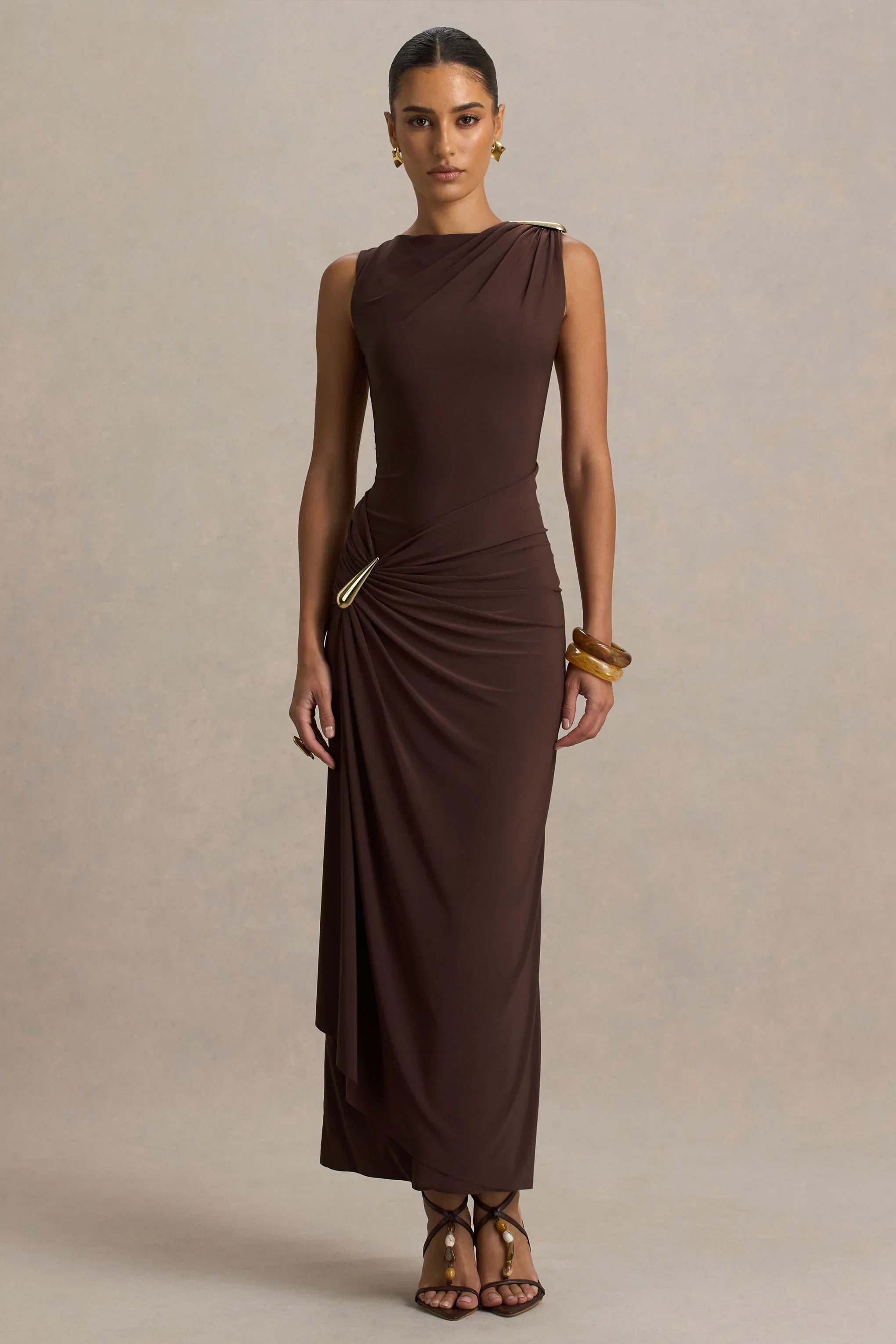 Fiora Brown Wide Neck Maxi Dress With Gathered Detail