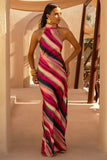 Melanie Striped Halter Neck Maxi Dress With Open Back
