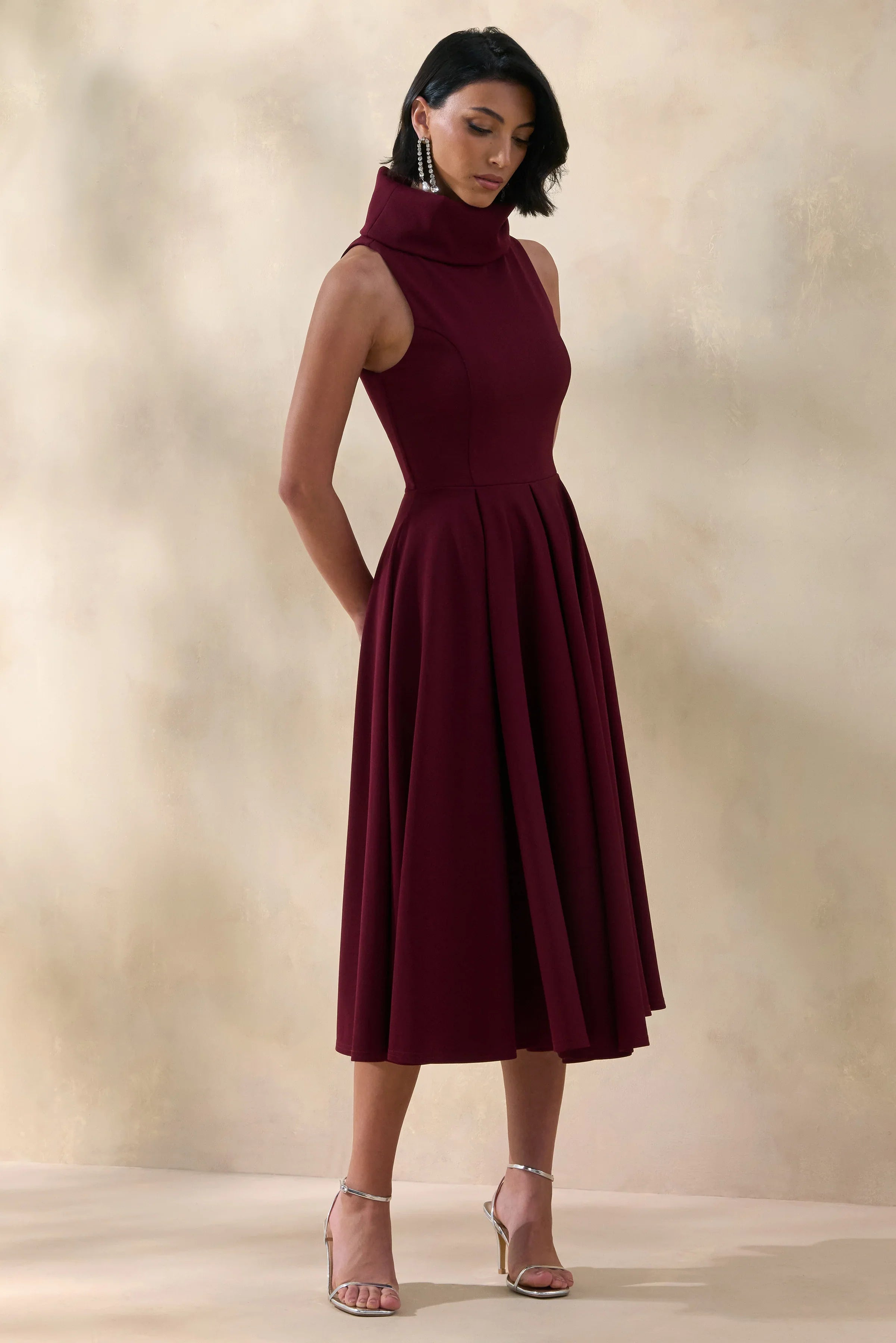 Exclusivity Burgundy High Neck Midi Dress