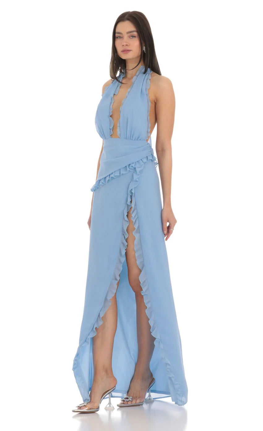Plunge Neck Halter Dress in Blue