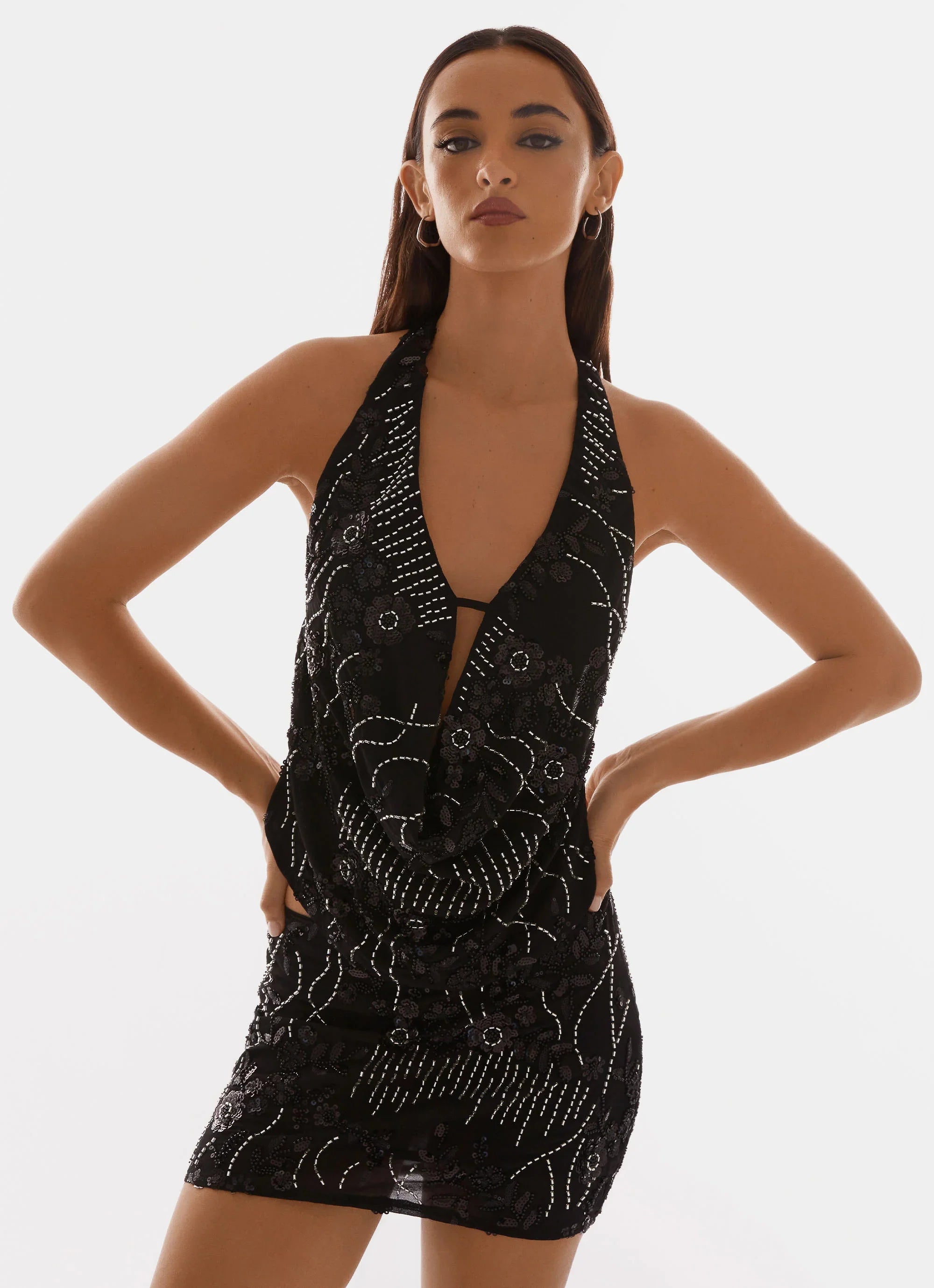 Gail Beaded Cowl Halterneck Top Black
