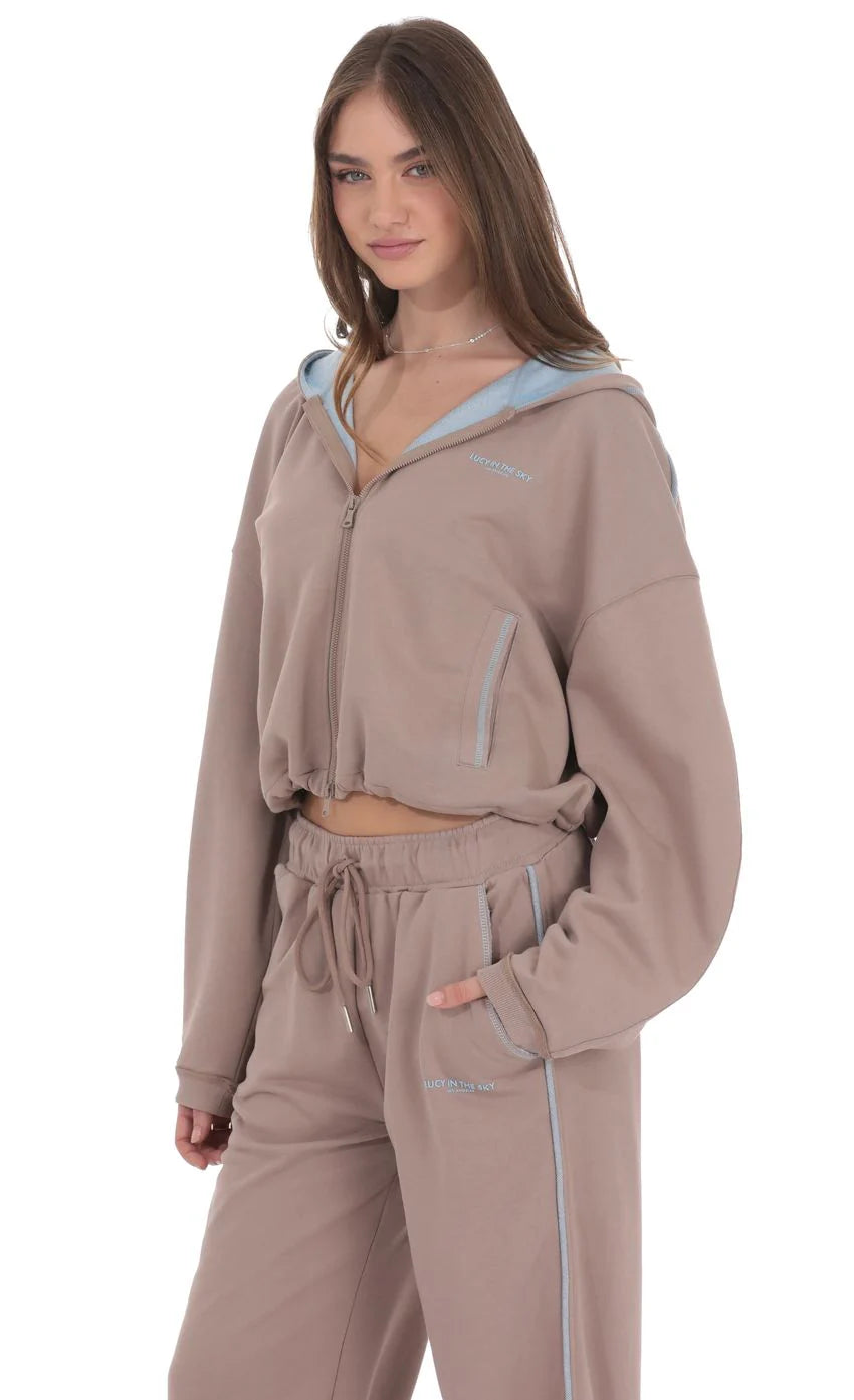 Two Toned Cropped Hoodie in Taupe