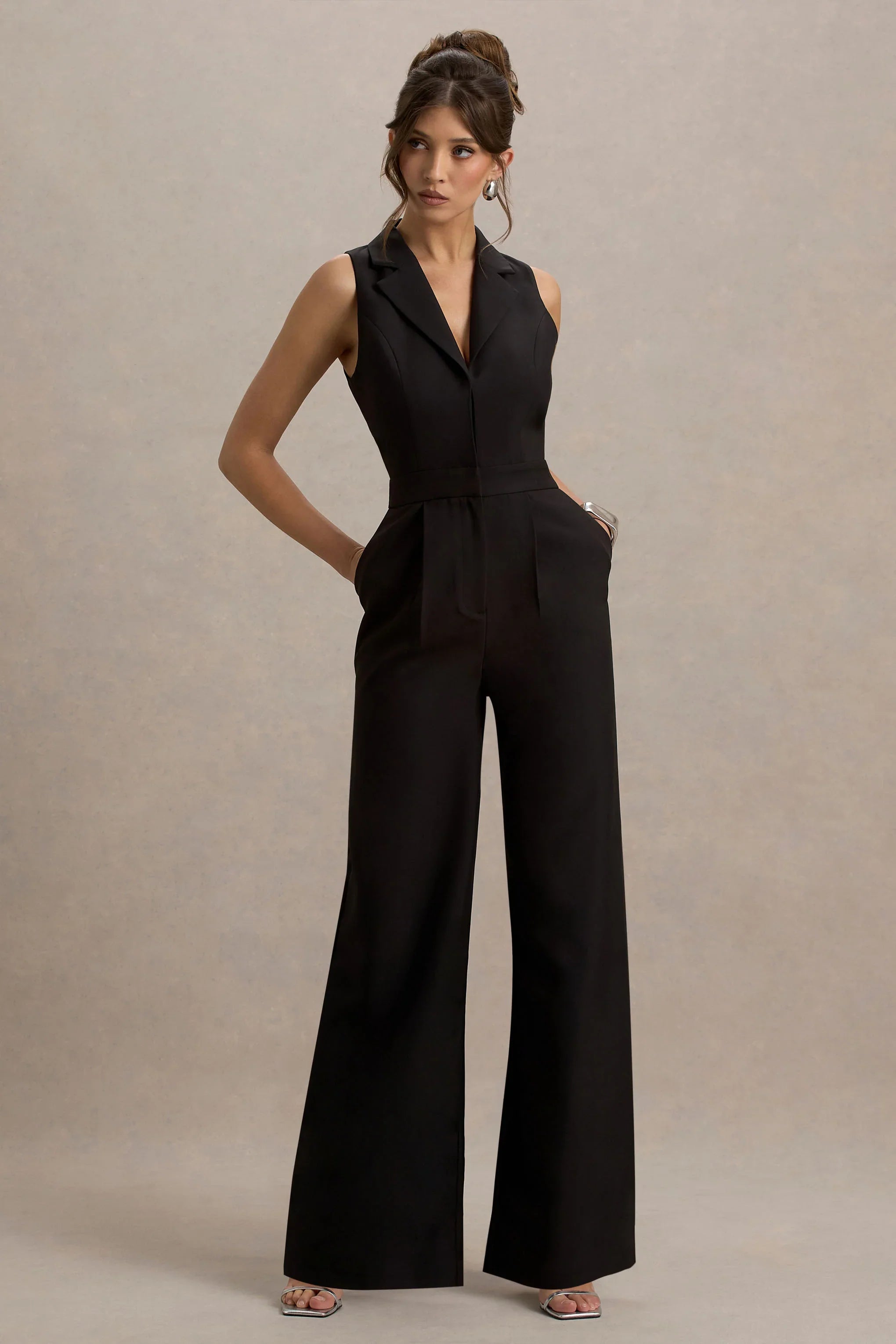 Trixie Black Plunge Neck Tailored Jumpsuit