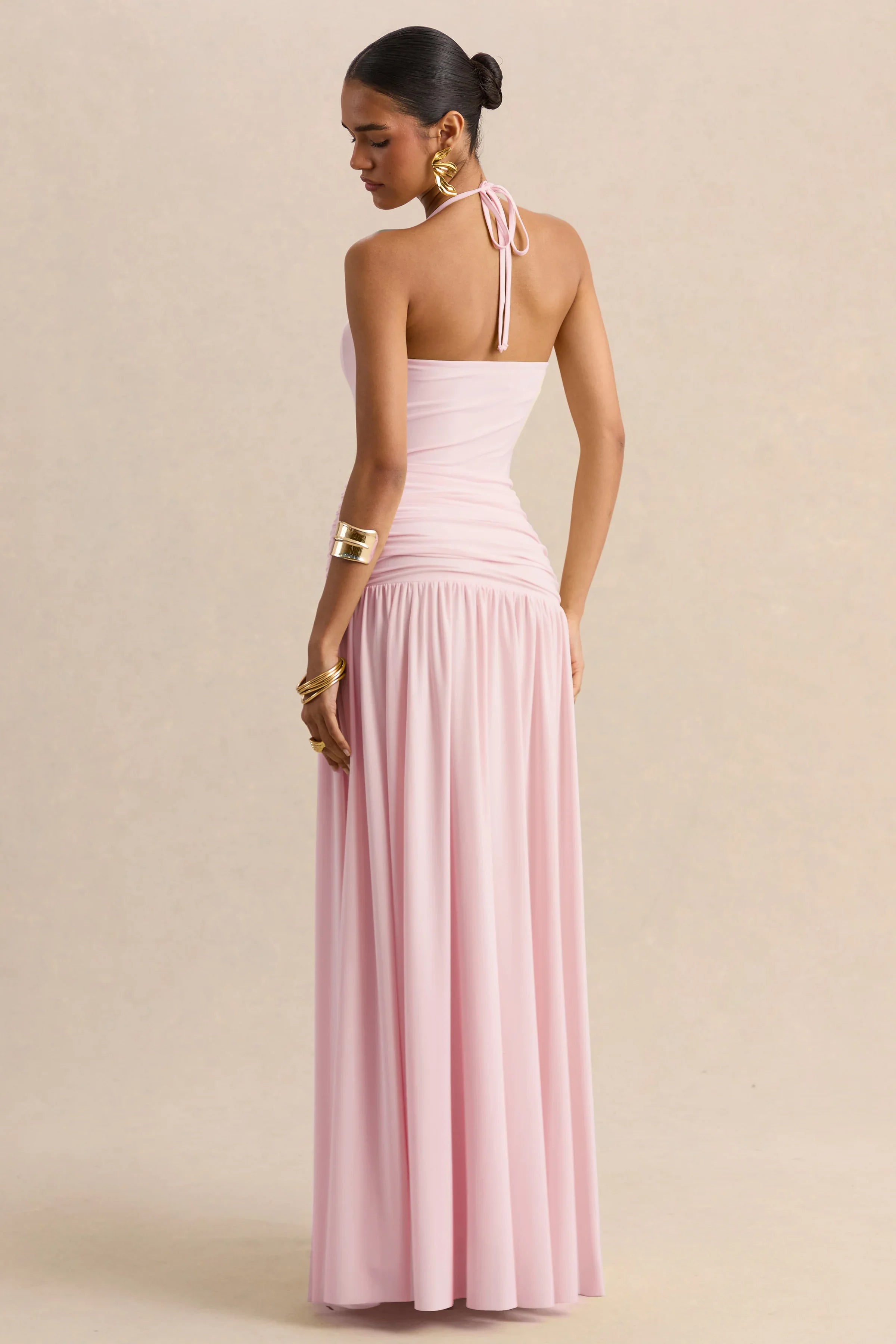 Nicolette Pink Square Neck Maxi Dress With Ruched Detailing