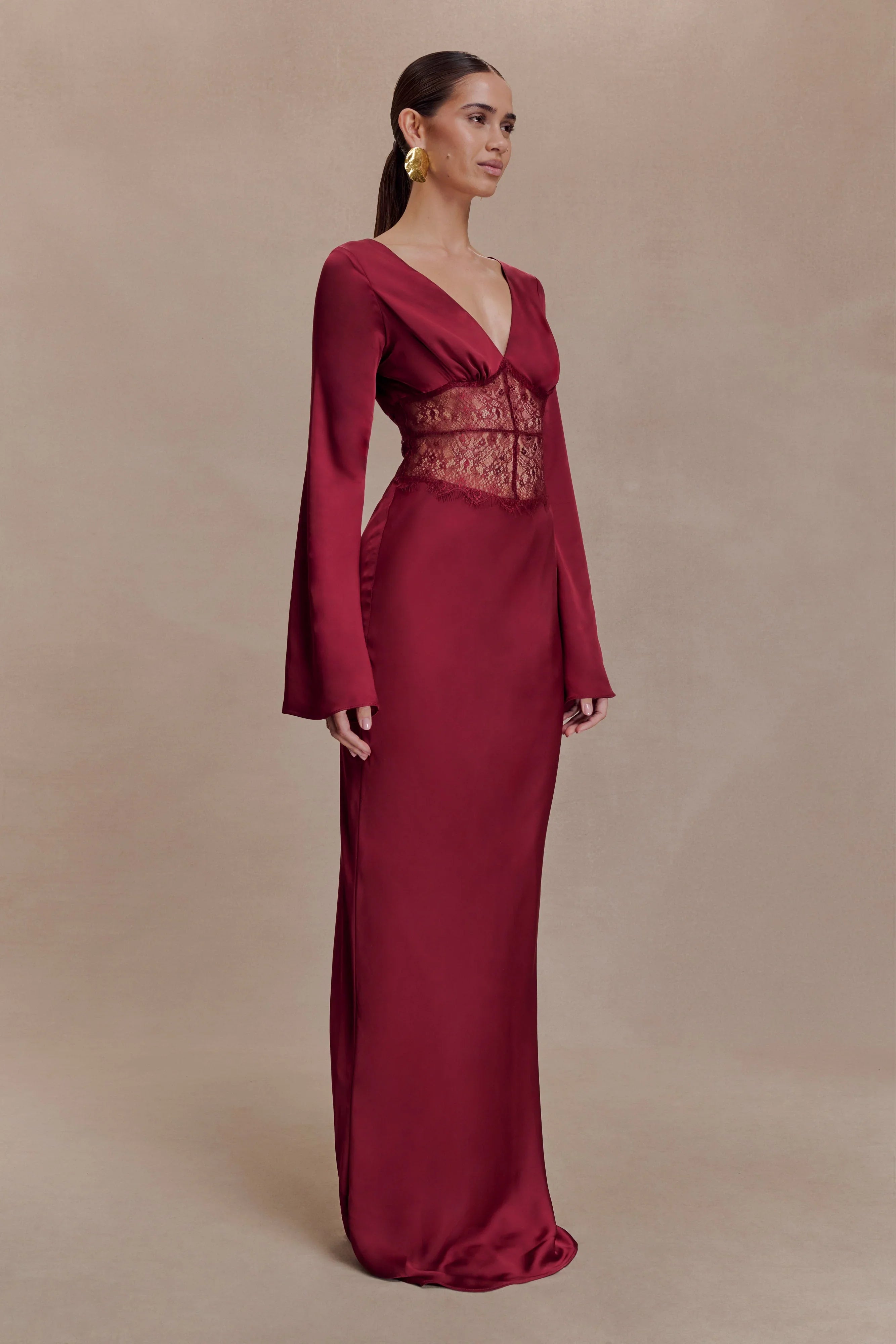 Kaya Long Sleeve Satin And Mesh Maxi Dress Wine