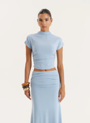 Blue Jersey High Neck Sleeveless Top
