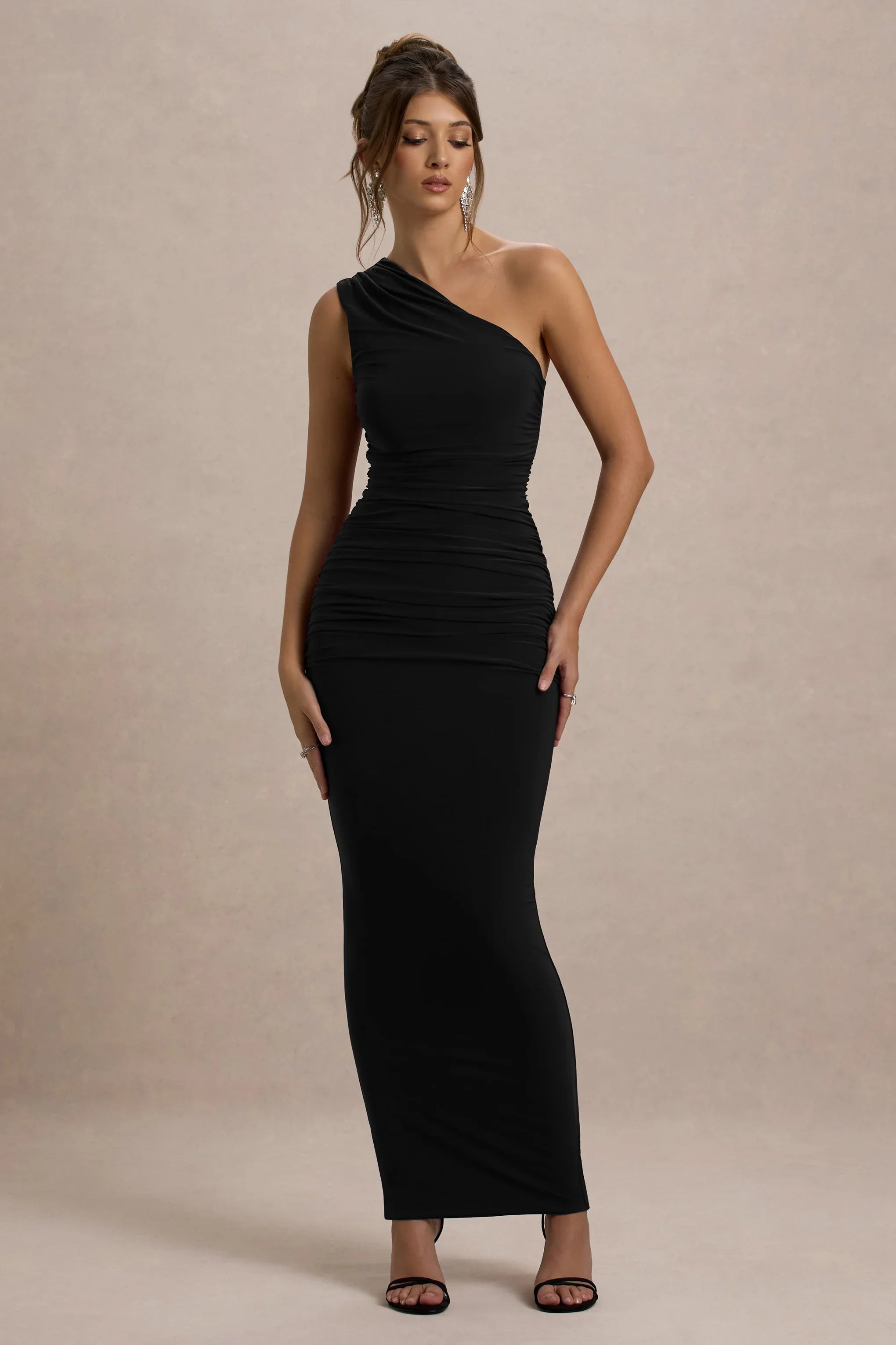 Dalarie Black One Shoulder Gathered Maxi Dress