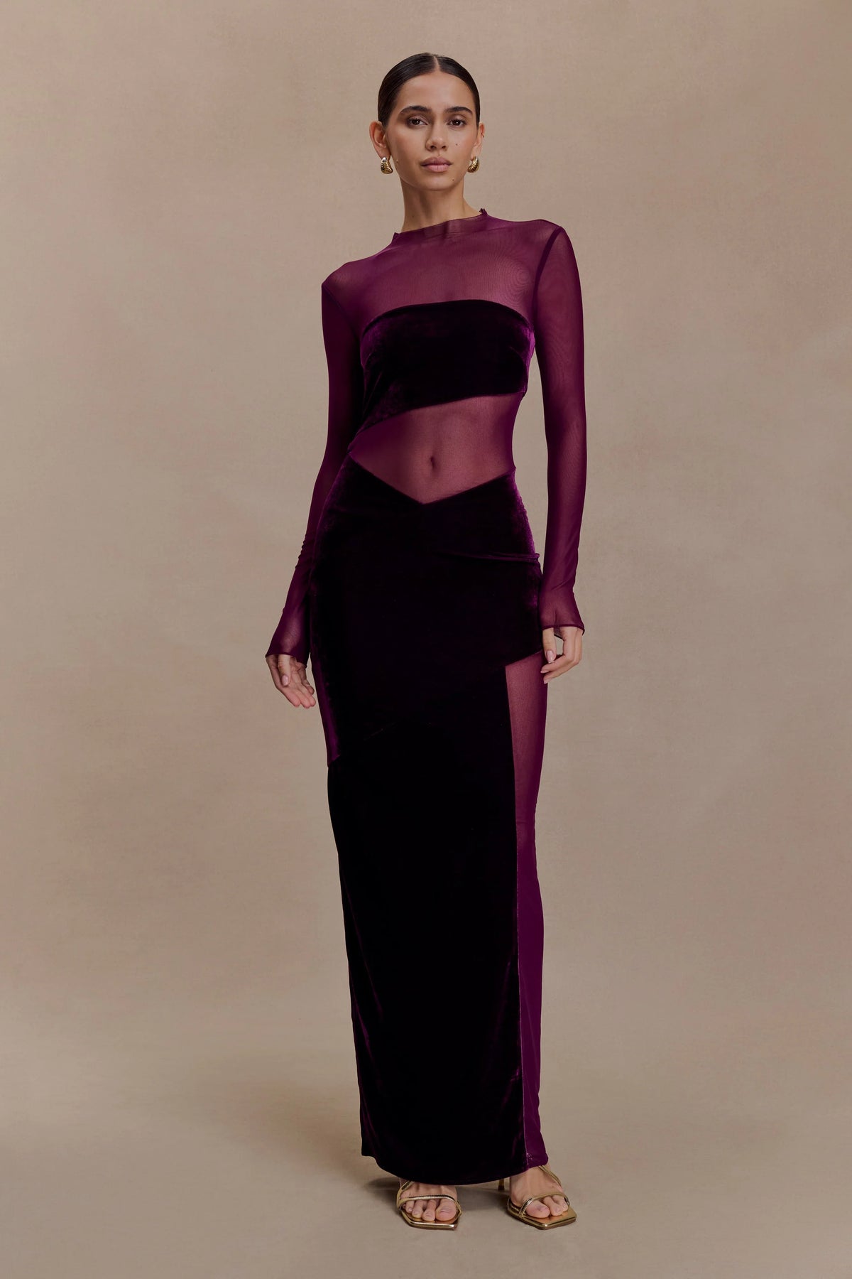 Davina Velvet And Mesh Maxi Dress Purple