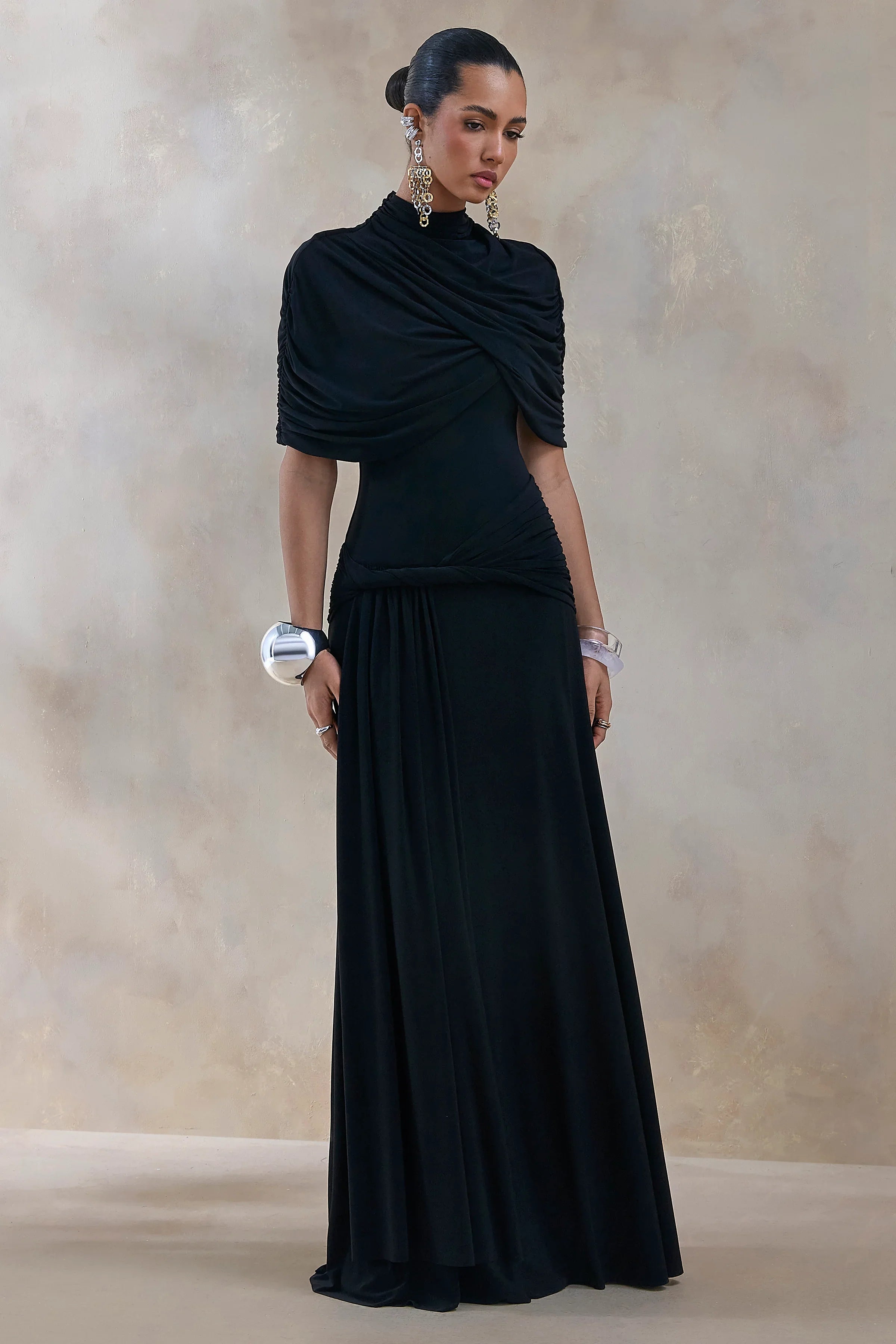 Evelisse Black High Neck Maxi Dress With Short Cape Sleeves