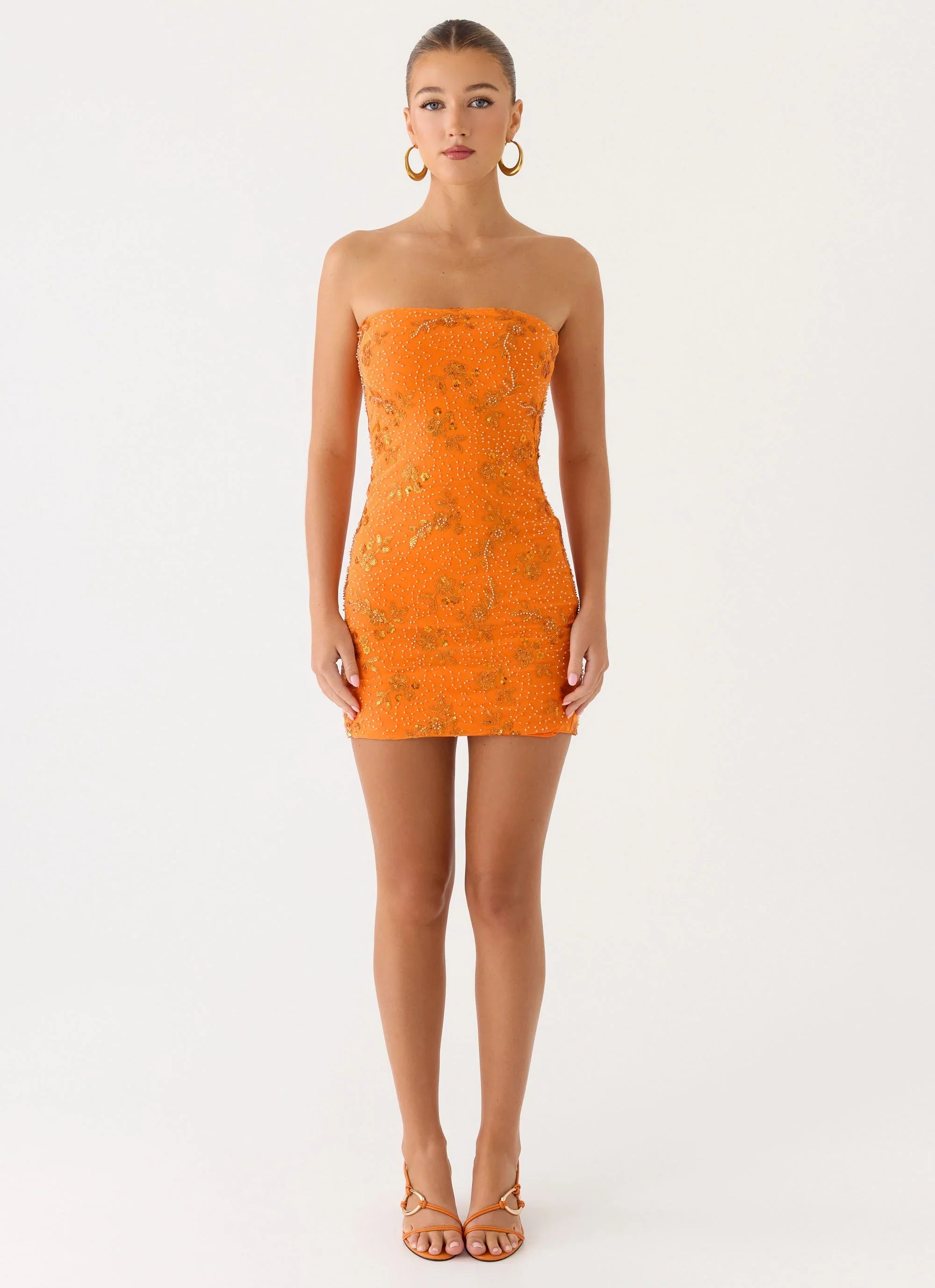 Push Back Beaded Sequin Mini Dress Orange