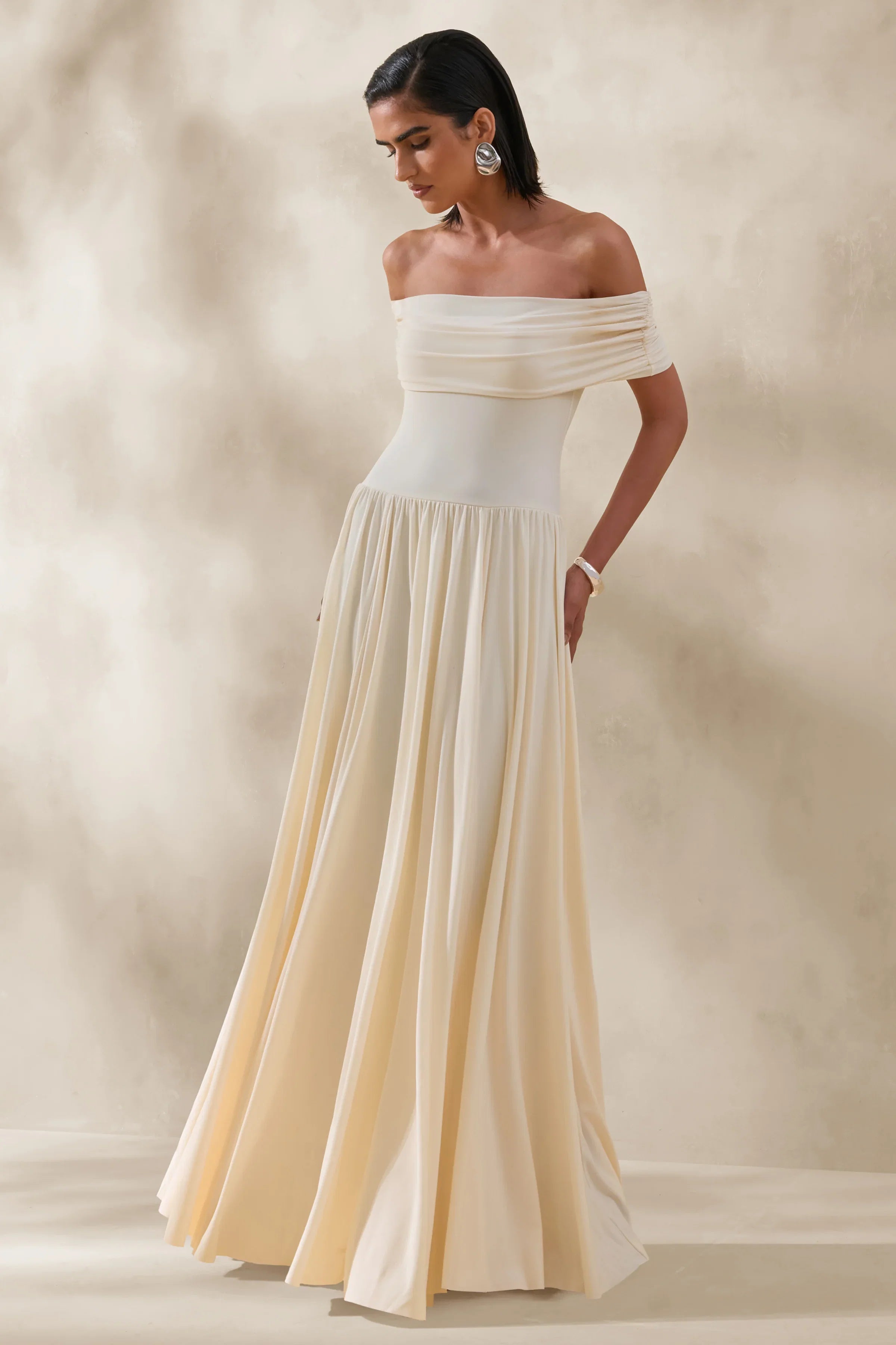 Cindie Cream Bardot Neck Maxi Dress