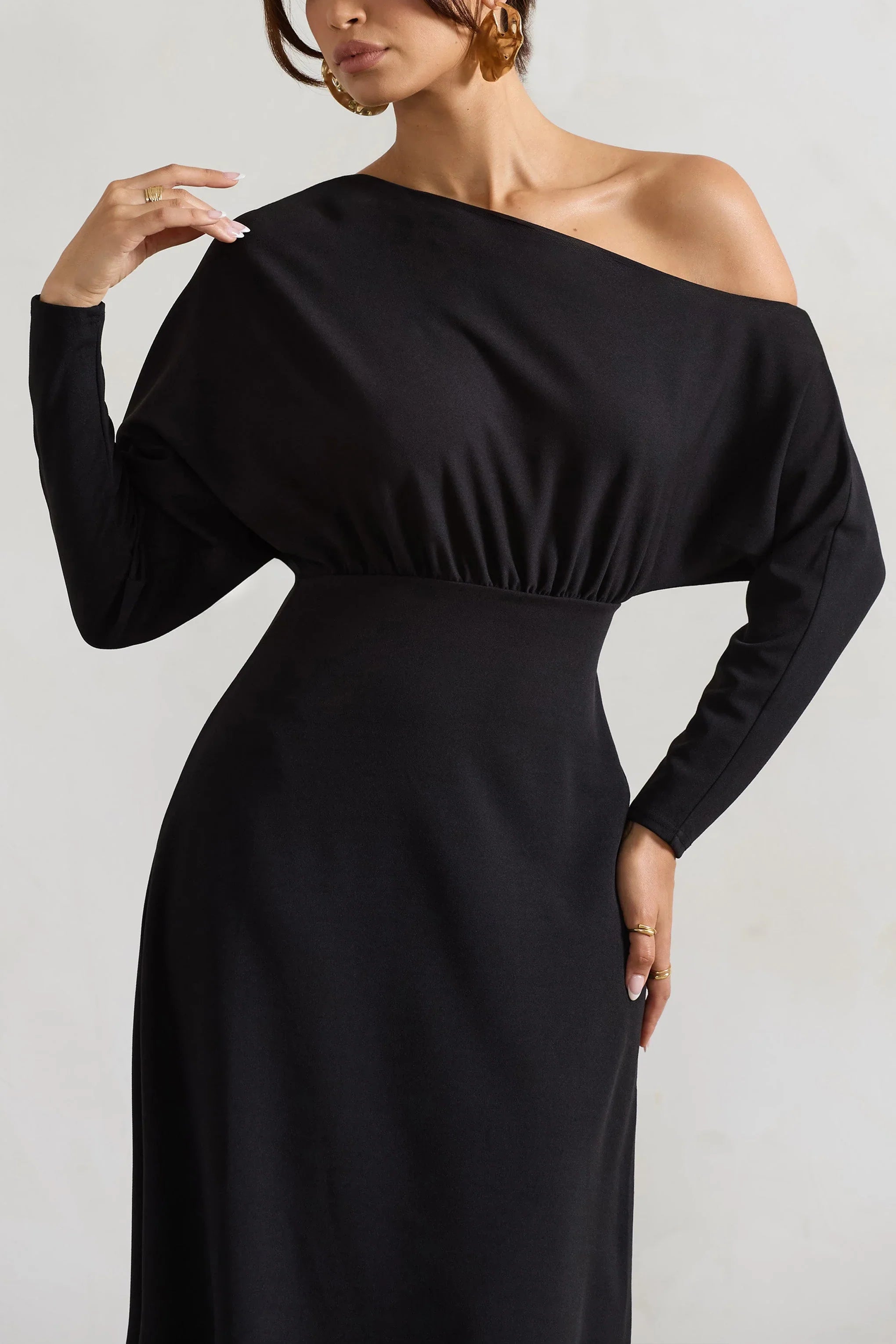 Lori Black Asymmetric Long Sleeve Maxi Dress