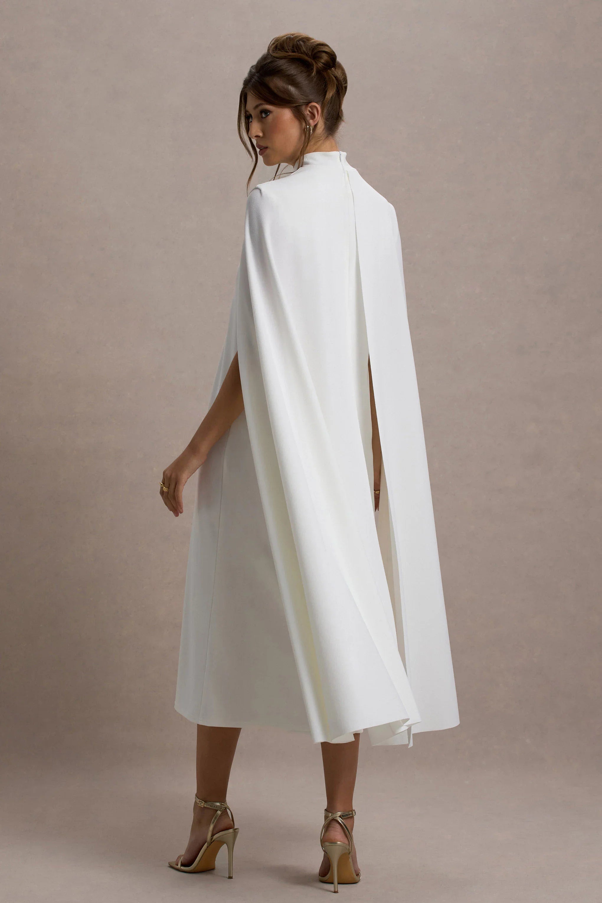 Carnation White Long Sleeve Midi Dress With Cape
