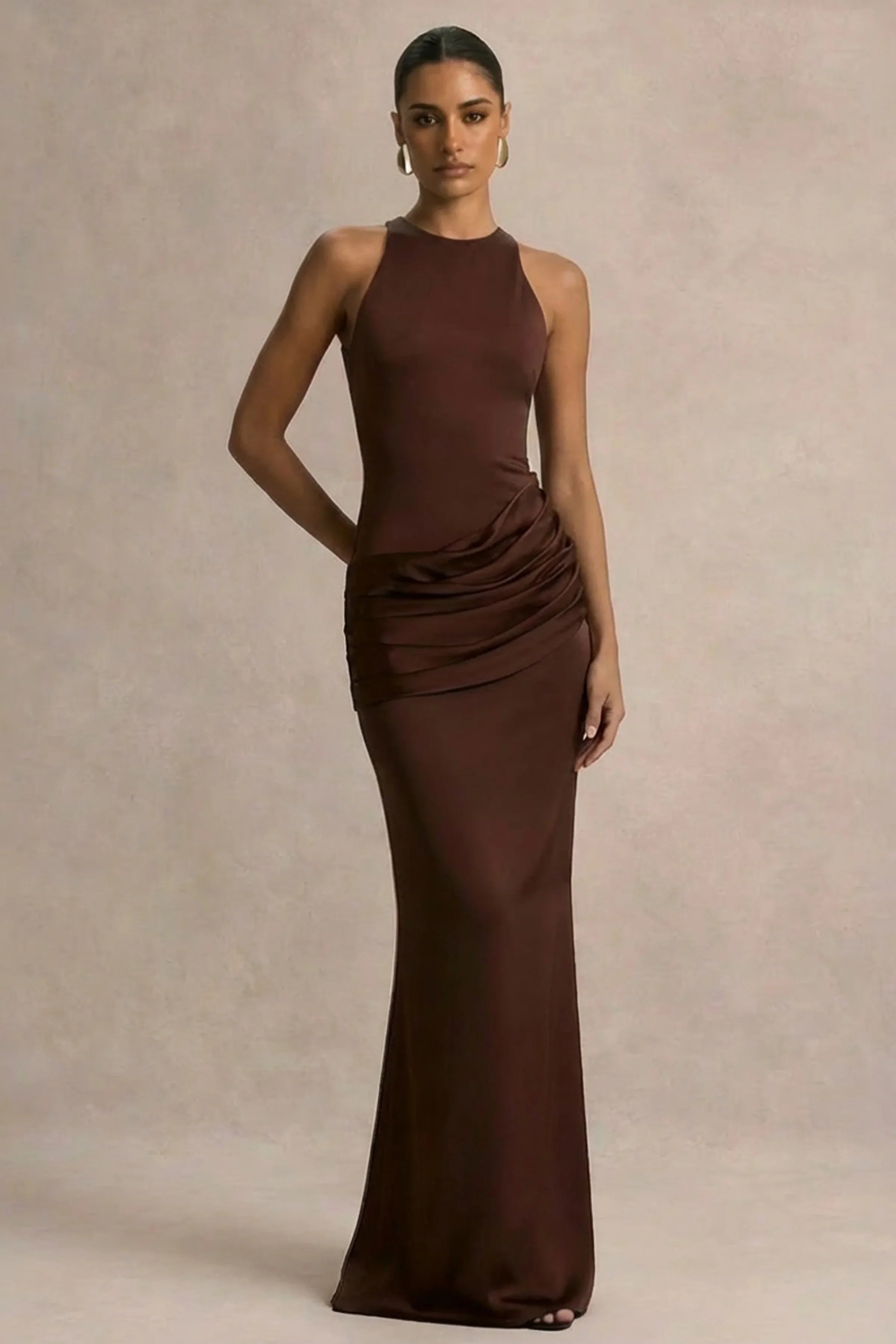 Akari Brown Crew Neck Maxi Dress With Satin Skirt