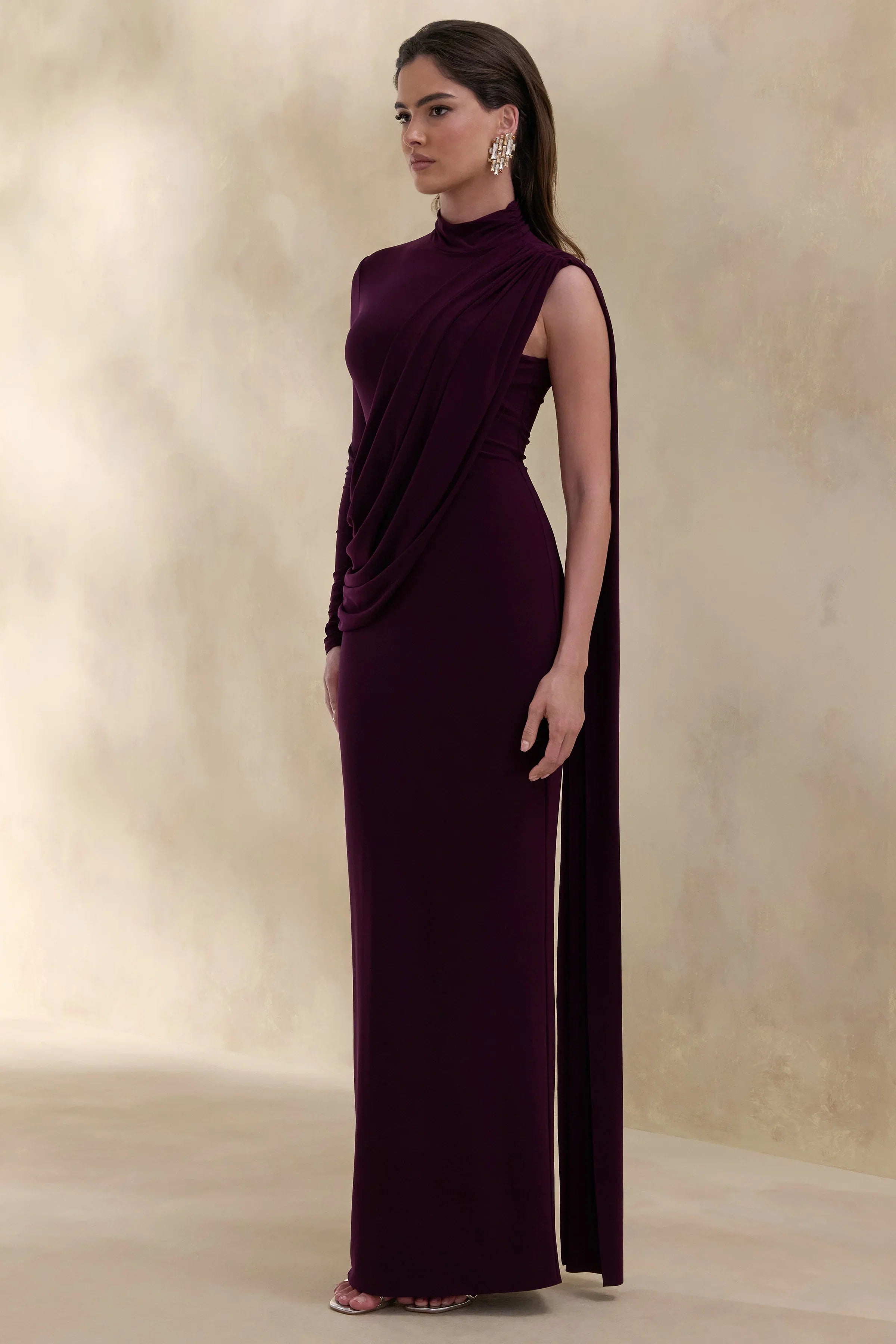 Oliria Dark Plum High Neck Maxi Dress With One Long Sleeve And Sash Detail