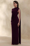 Oliria Dark Plum High Neck Maxi Dress With One Long Sleeve And Sash Detail