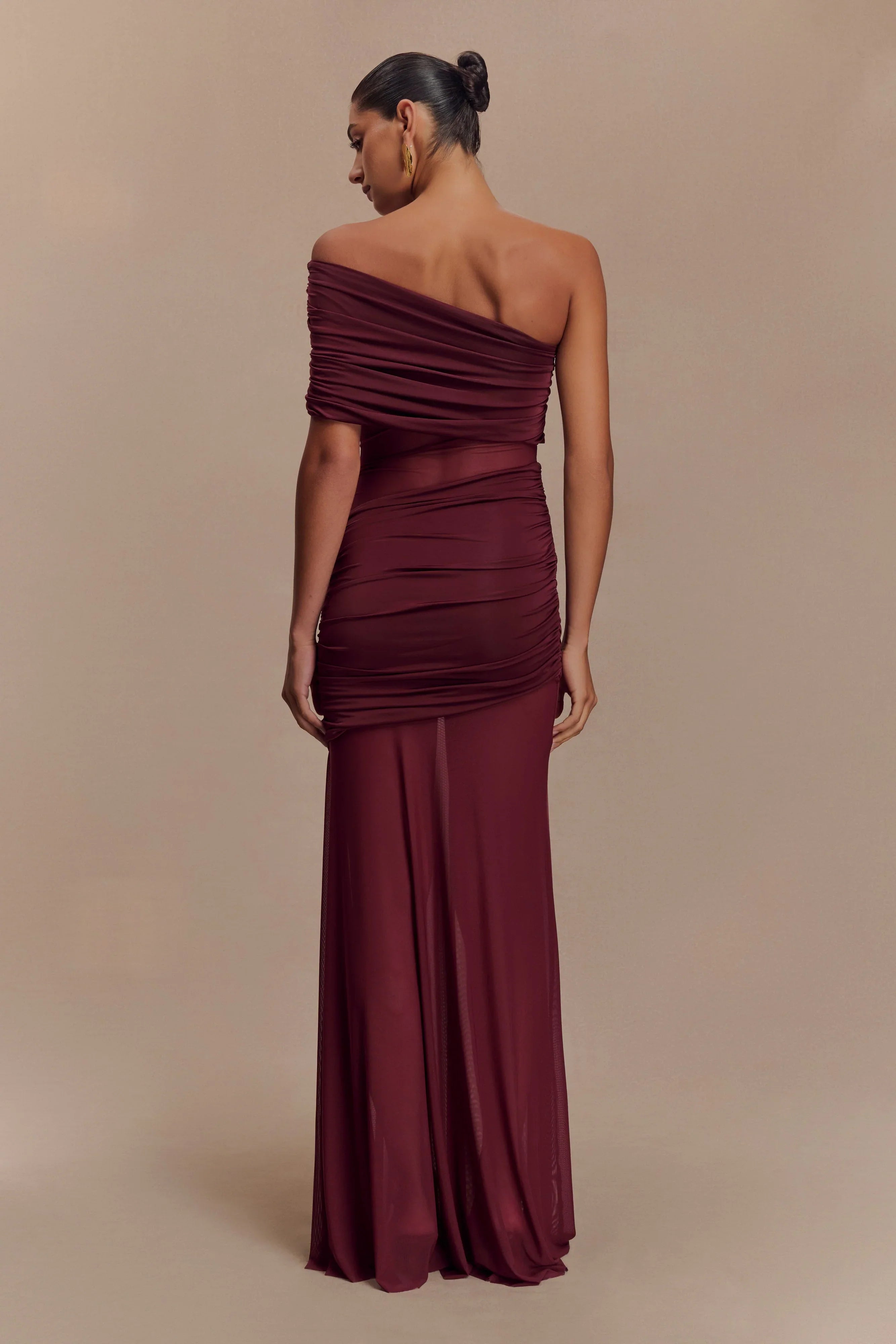 Dallas One Shoulder Mesh Maxi Dress Burgundy