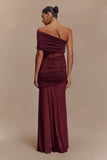 Dallas One Shoulder Mesh Maxi Dress Burgundy