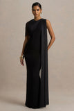 Brenda Black Crew Neck Maxi Dress With Mesh Cape And Sash