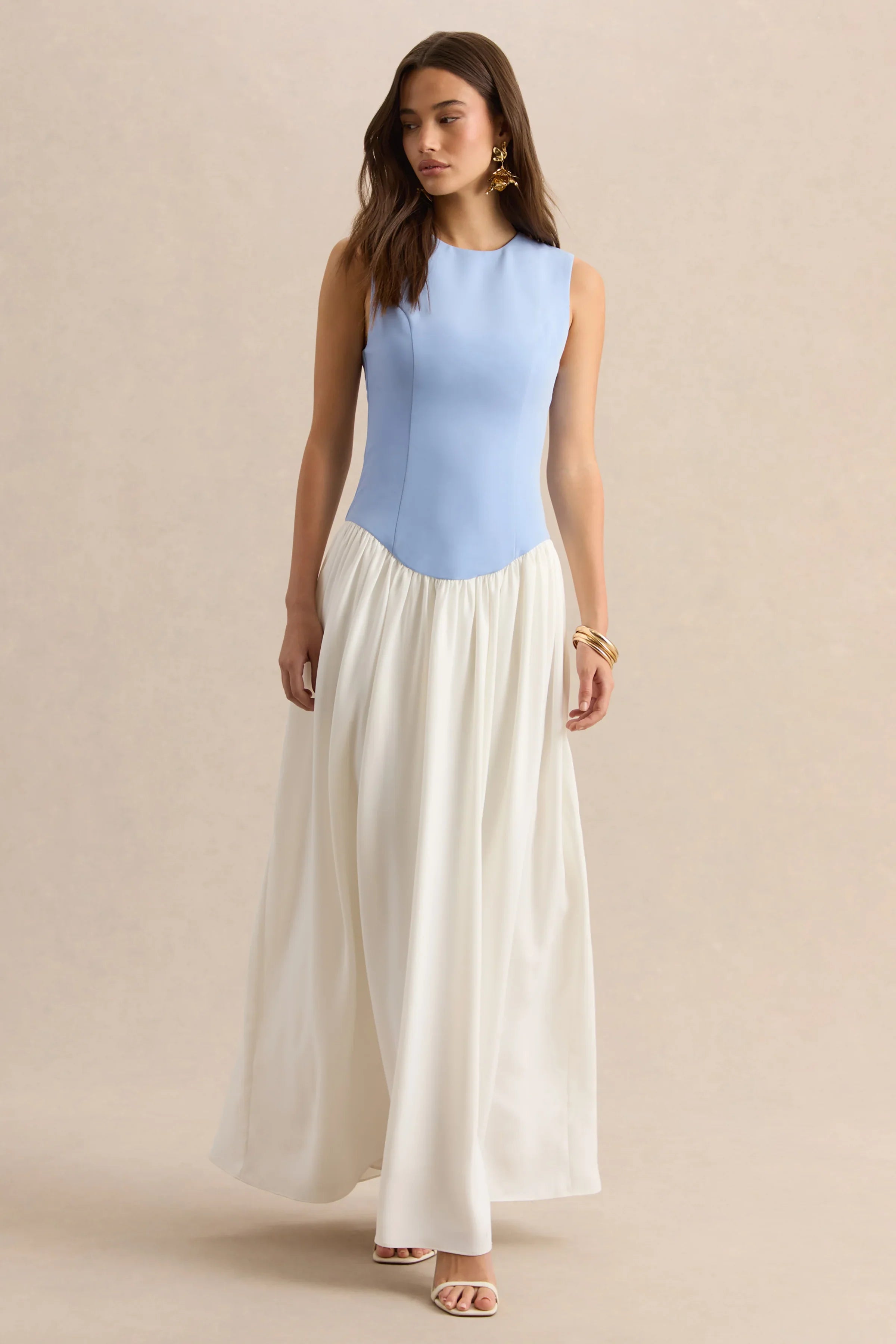 Iliana Powder Blue And White Crew Neck Maxi Dress With Drop Waist And Pleated Skirt