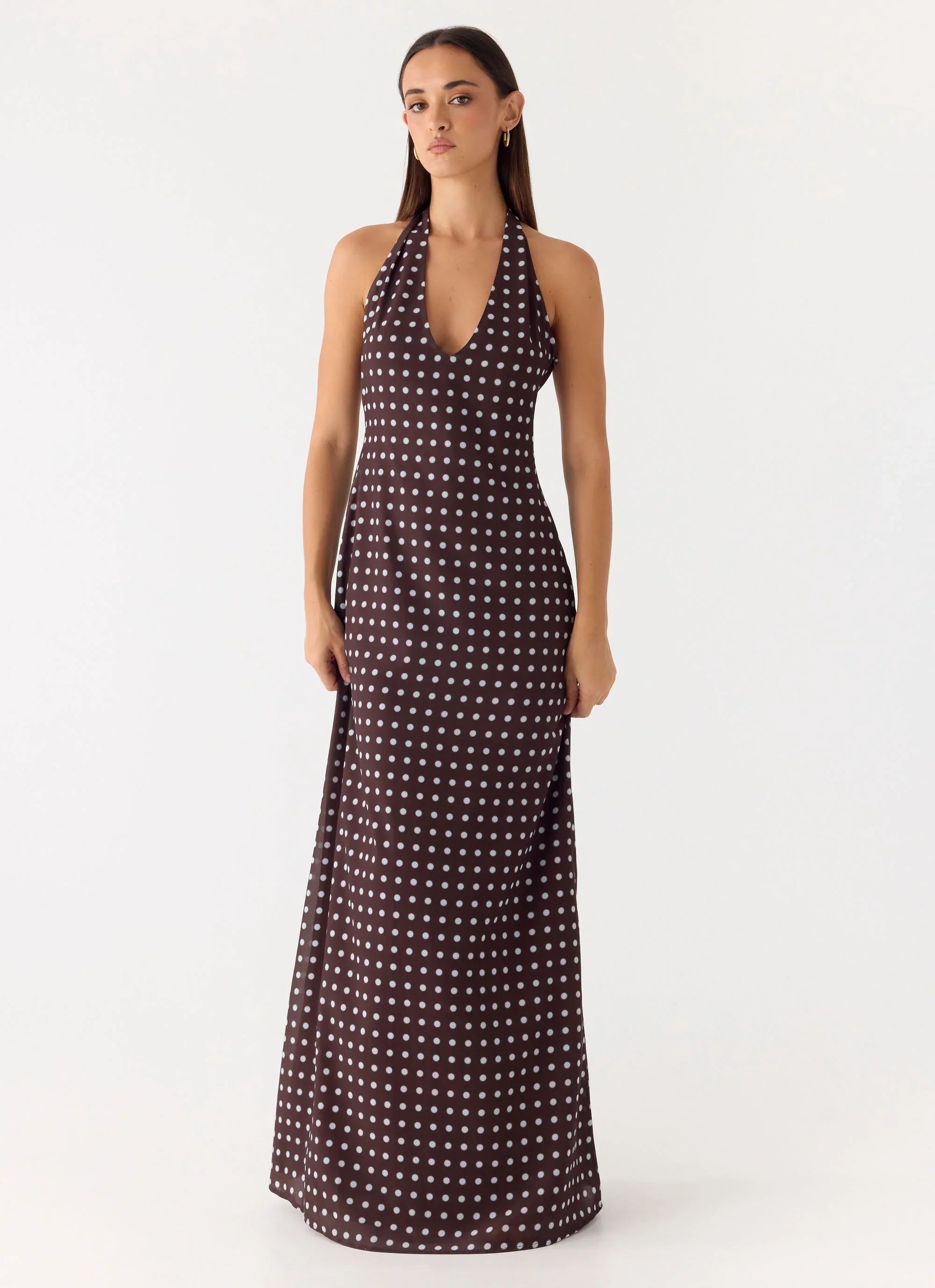 Float Away Maxi Dress Chocolate Blue Dot
