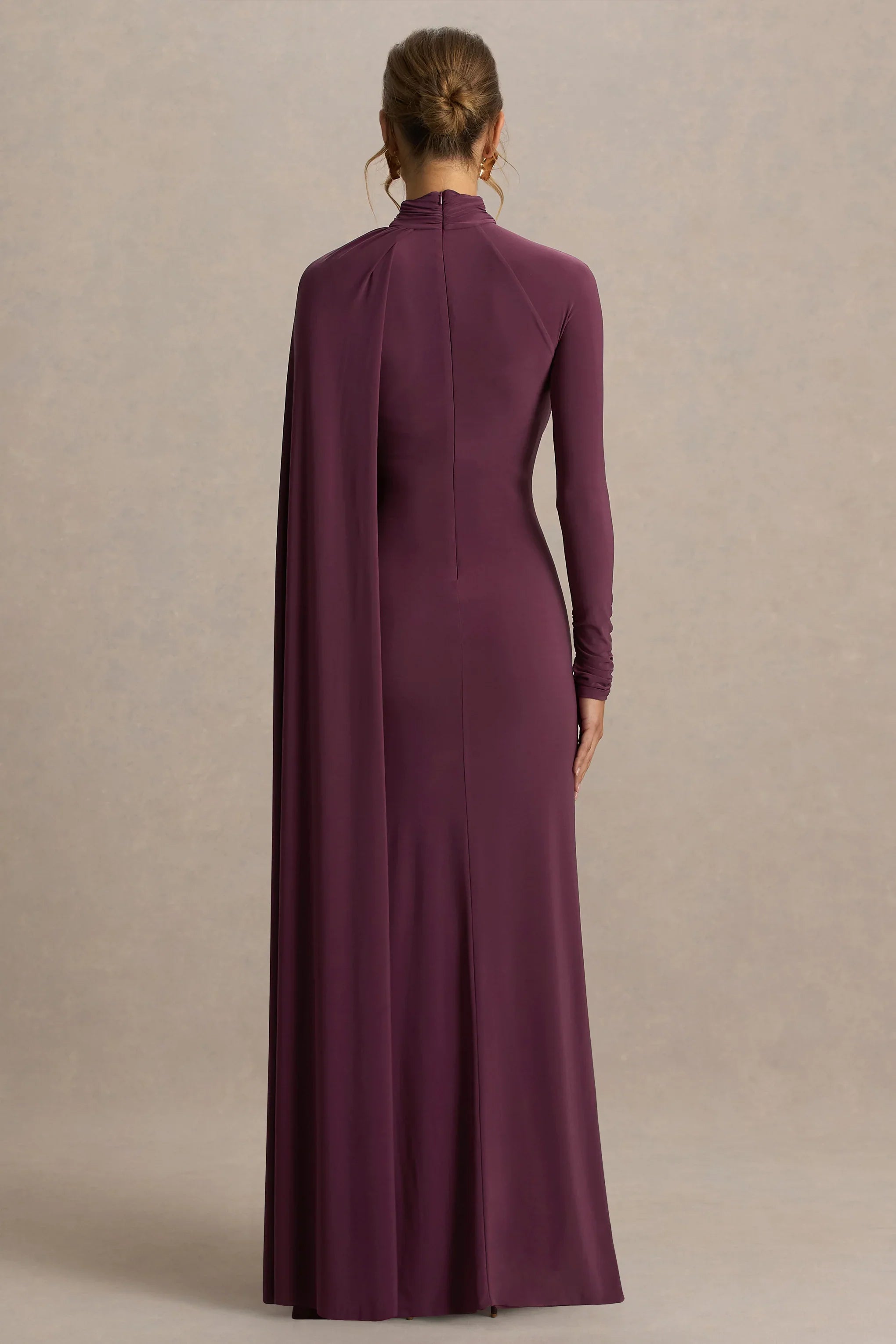 Anticipation Burgundy High Neck Maxi Dress With Front Split And Ruched Detailing