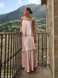 Pale Pink Satin Tiered Maxi Dress