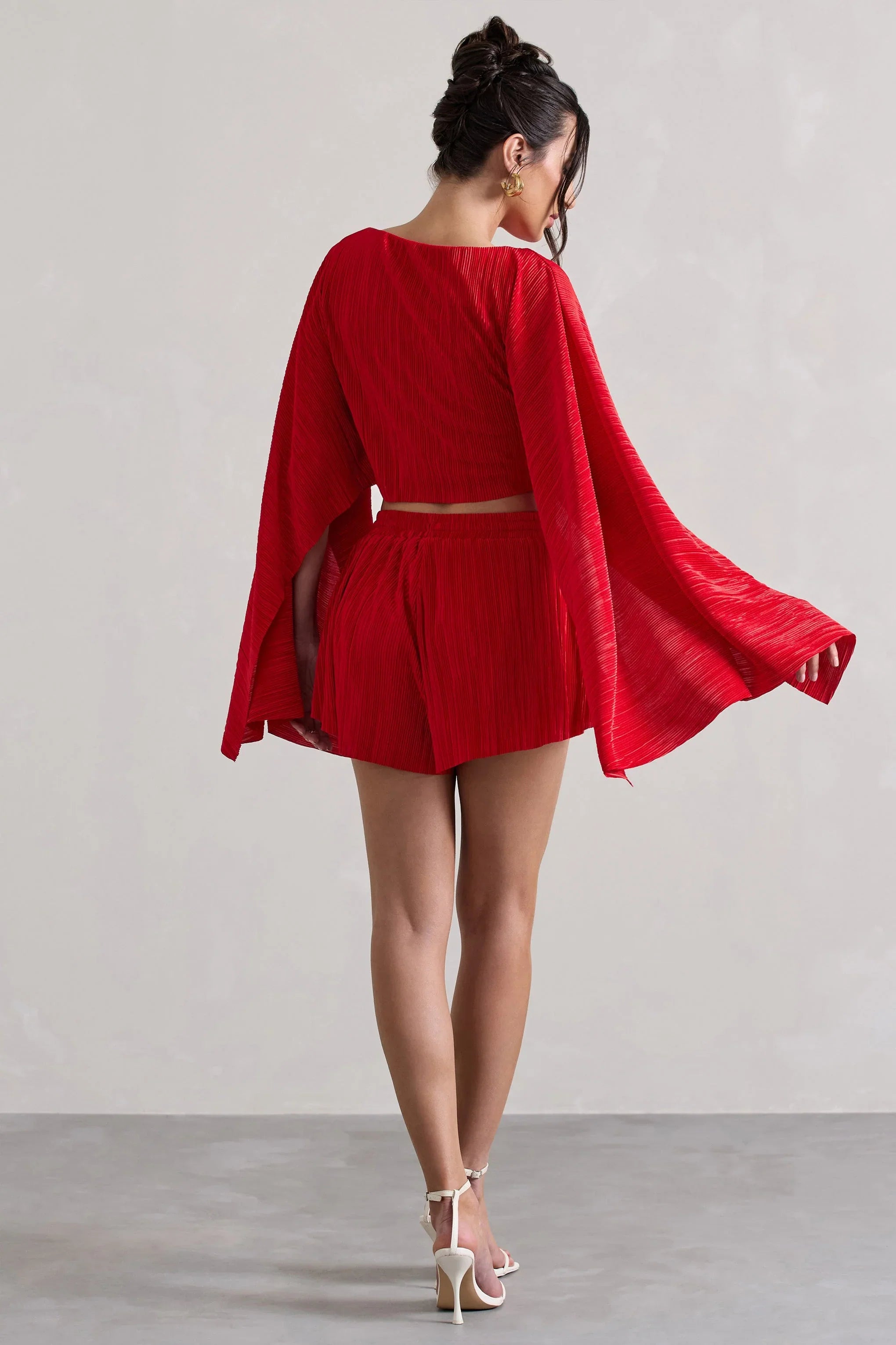 Aflame Red Plisse Tie Waist Shorts