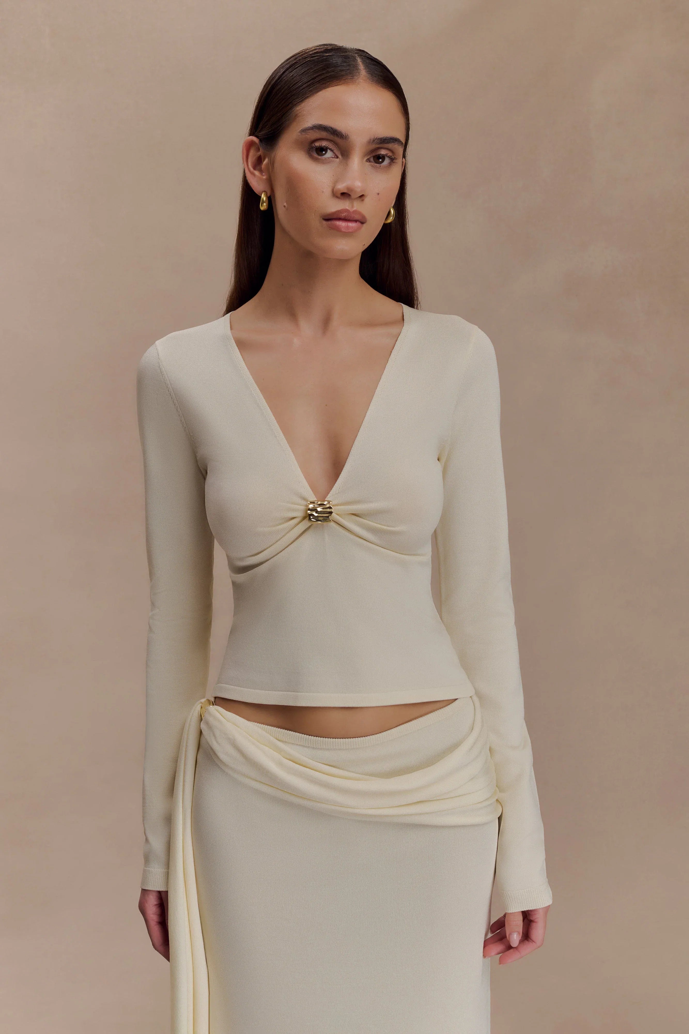 Miraby Front Ruched Knit Long Sleeve Top Ivory