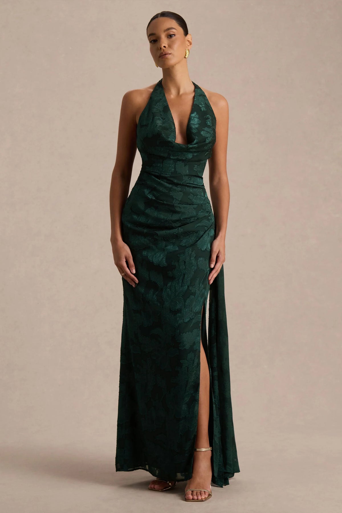 Talula Dark Green Extreme Cowl Neck Maxi Dress With Sash And Front High Split