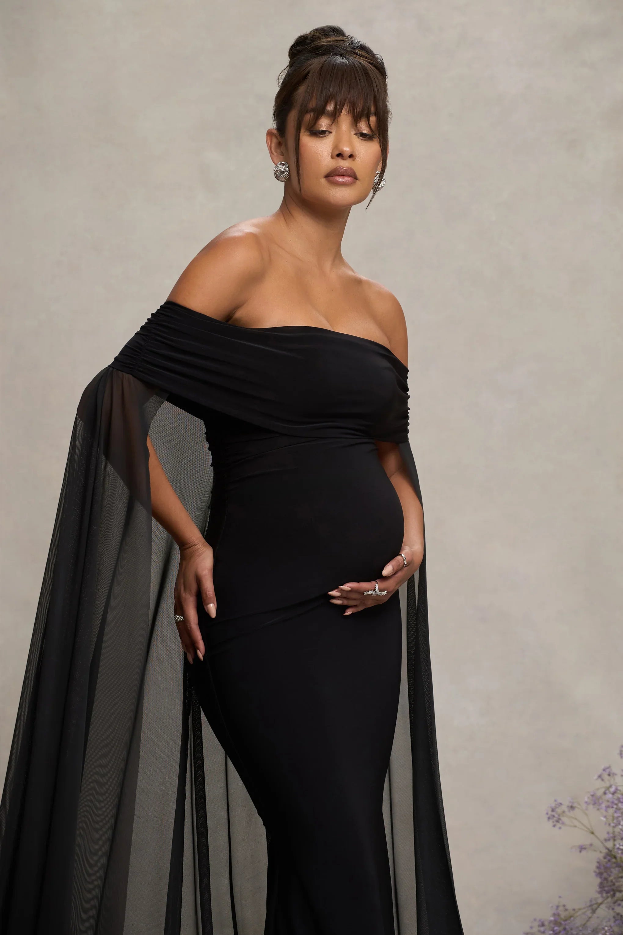 Carlotta Black Bardot Maternity Maxi Dress With Chiffon Cape